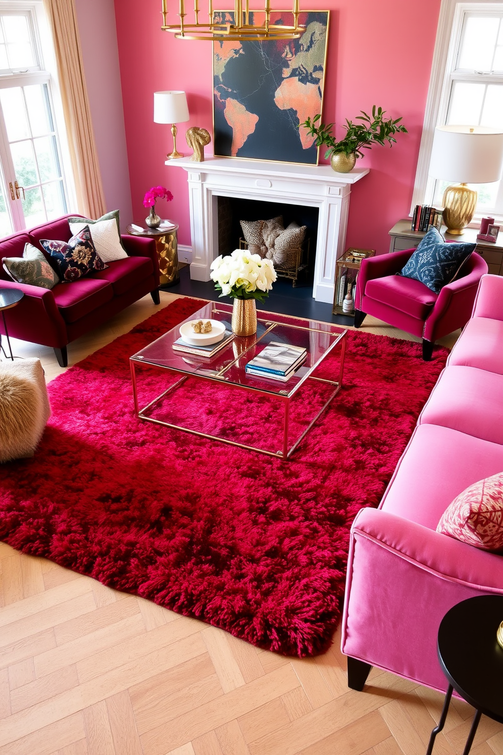 A vibrant living room featuring layered red rugs that add depth and texture to the space. The room is filled with plush seating in complementary colors and accented with gold and brass decor elements.