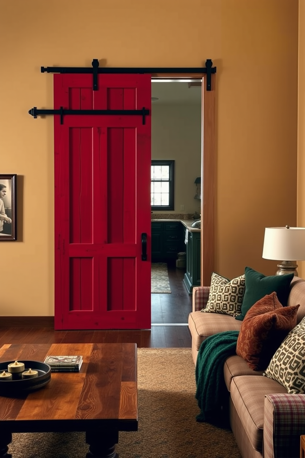 A rustic red barn door serves as a striking focal point in the living room. The space is adorned with cozy furnishings, including a plush sectional sofa and a reclaimed wood coffee table. The walls are painted in a warm neutral tone to complement the vibrant door. Accents of deep greens and earthy browns create a harmonious and inviting atmosphere throughout the room.