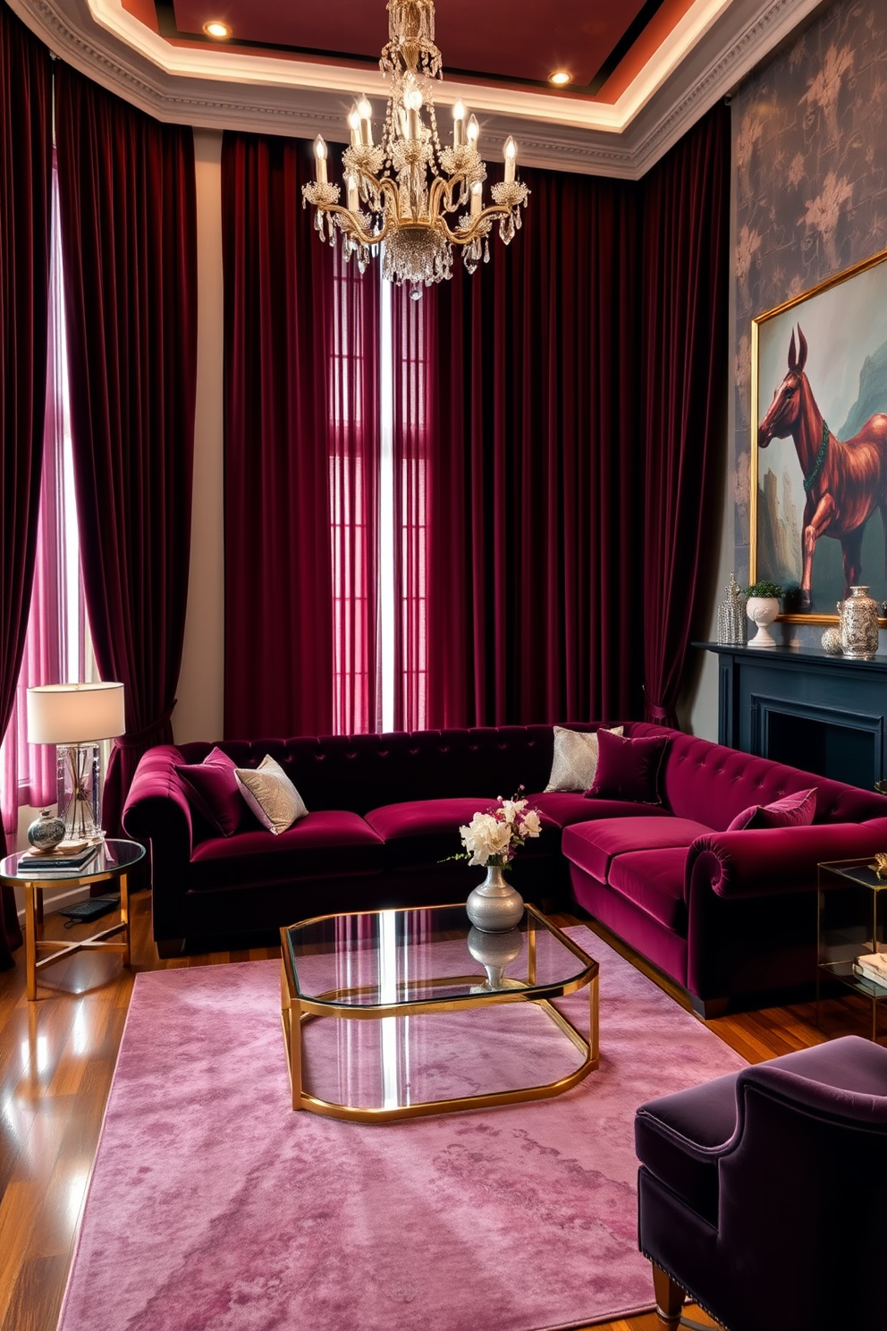 A luxurious living room adorned with dark red velvet curtains that cascade elegantly to the floor. The space features a plush sectional sofa in a complementary shade, accented by gold and glass coffee tables that add a touch of glamour. Rich wooden flooring enhances the warmth of the room, while a large area rug in deep hues anchors the seating area. A statement chandelier hangs from the ceiling, casting a soft glow over the inviting atmosphere.