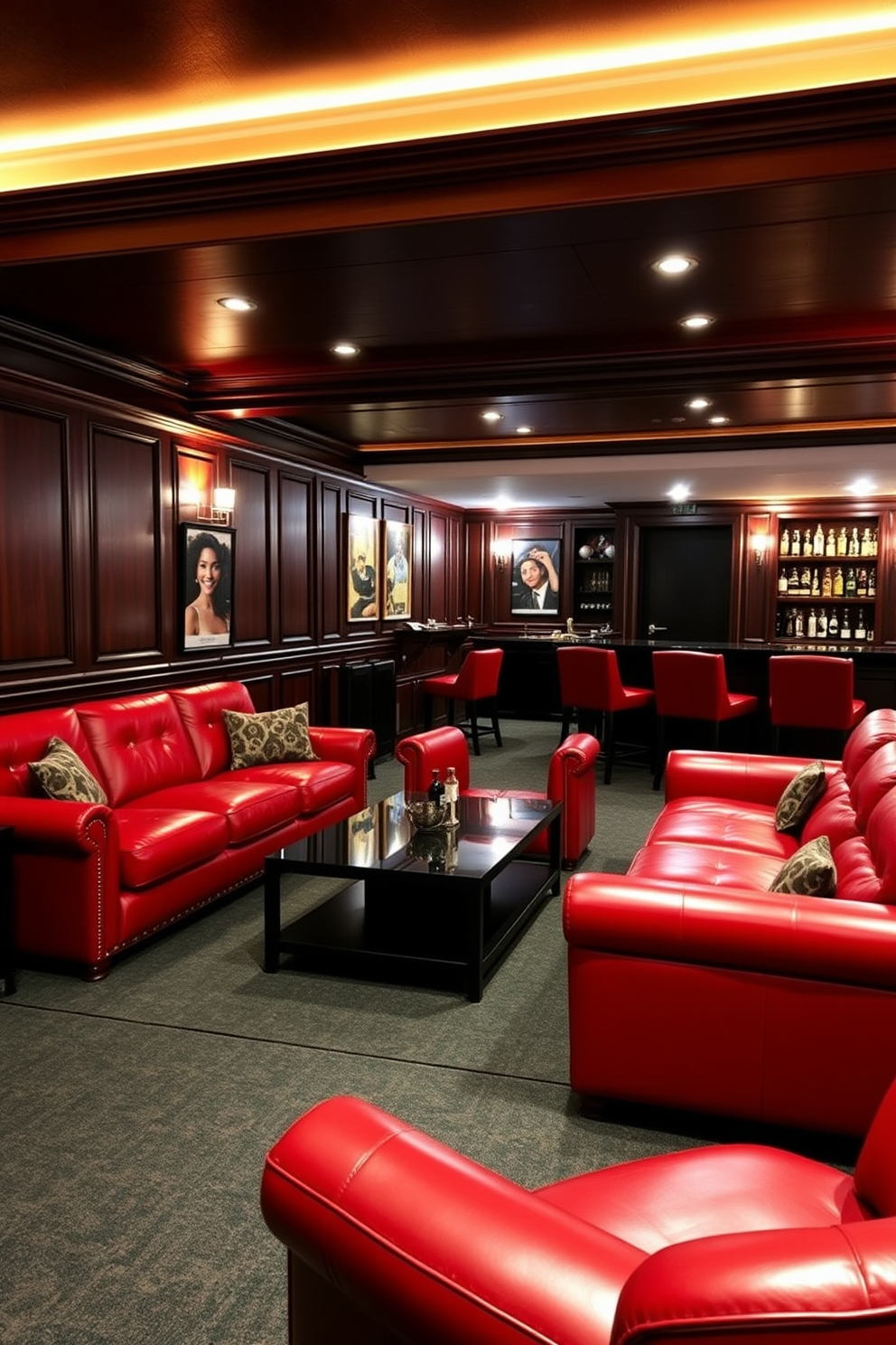 A striking man cave featuring bold red leather furniture that commands attention. The space is designed for relaxation and entertainment, with a large sectional sofa and matching armchairs arranged around a sleek coffee table. The walls are adorned with dark wood paneling, creating a warm and inviting atmosphere. Ambient lighting fixtures and a stylish bar area enhance the overall aesthetic, making it the perfect retreat for gatherings.