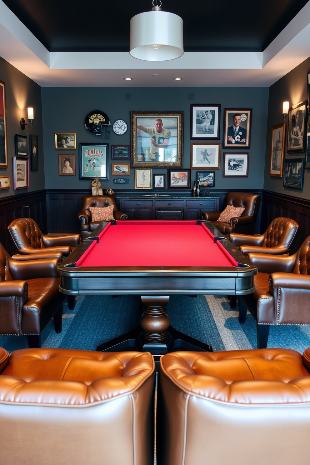 A stylish game table with a rich red felt surface takes center stage in a cozy man cave. Surrounding the table are plush leather chairs, creating an inviting atmosphere for friends and family to gather. The walls are adorned with vintage sports memorabilia and framed photographs, adding character to the space. Soft ambient lighting from sleek wall sconces enhances the relaxed vibe, making it the perfect spot for game nights.