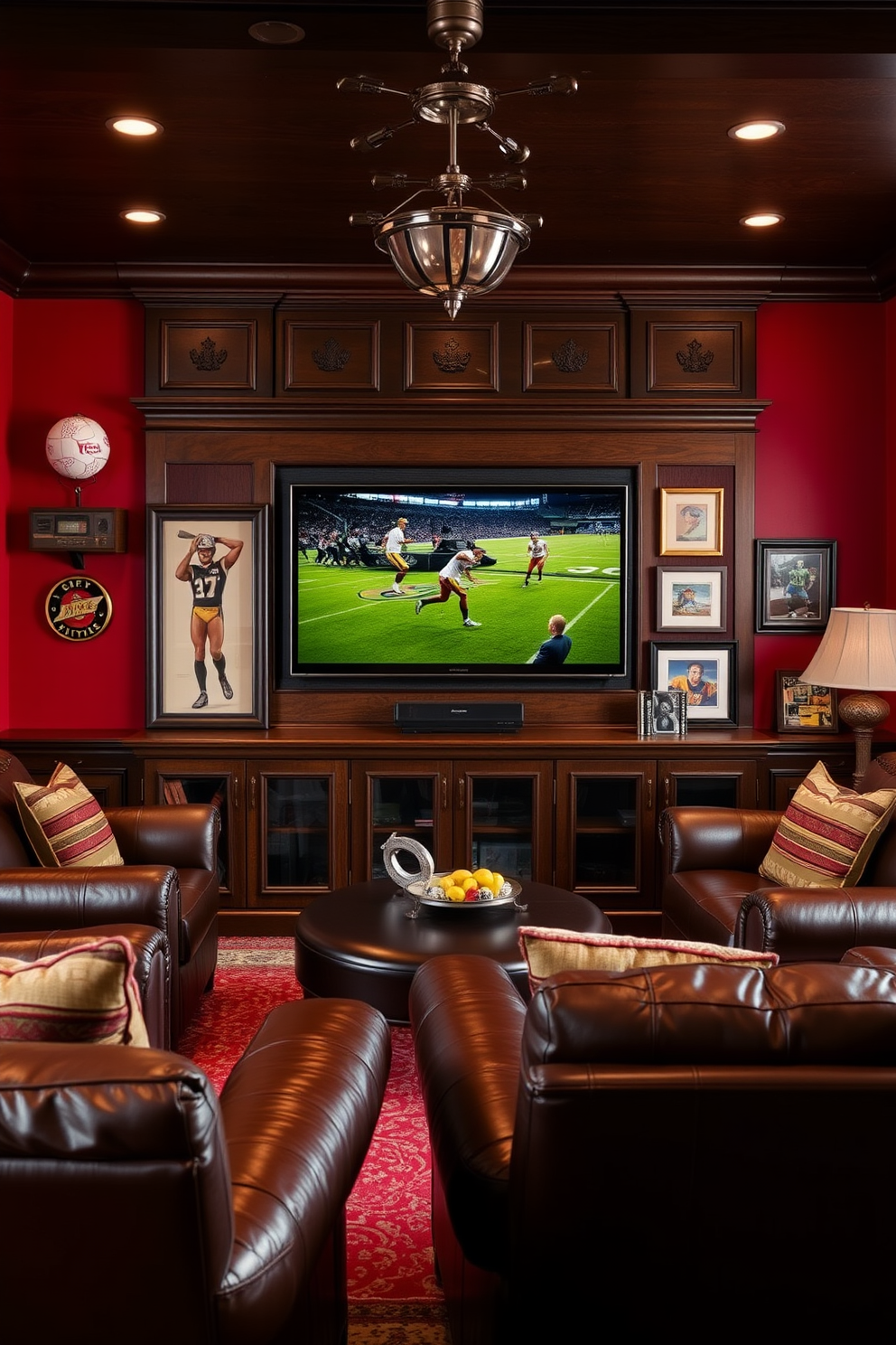 A stylish entertainment space features a wall-mounted flat-screen TV that seamlessly integrates with the surrounding decor. The room is designed with rich, dark wood accents and plush leather seating to create a cozy and inviting atmosphere. The Red Man Cave is adorned with deep red walls that add warmth and character to the space. Vintage sports memorabilia and contemporary art pieces are displayed to enhance the theme while providing a personal touch.