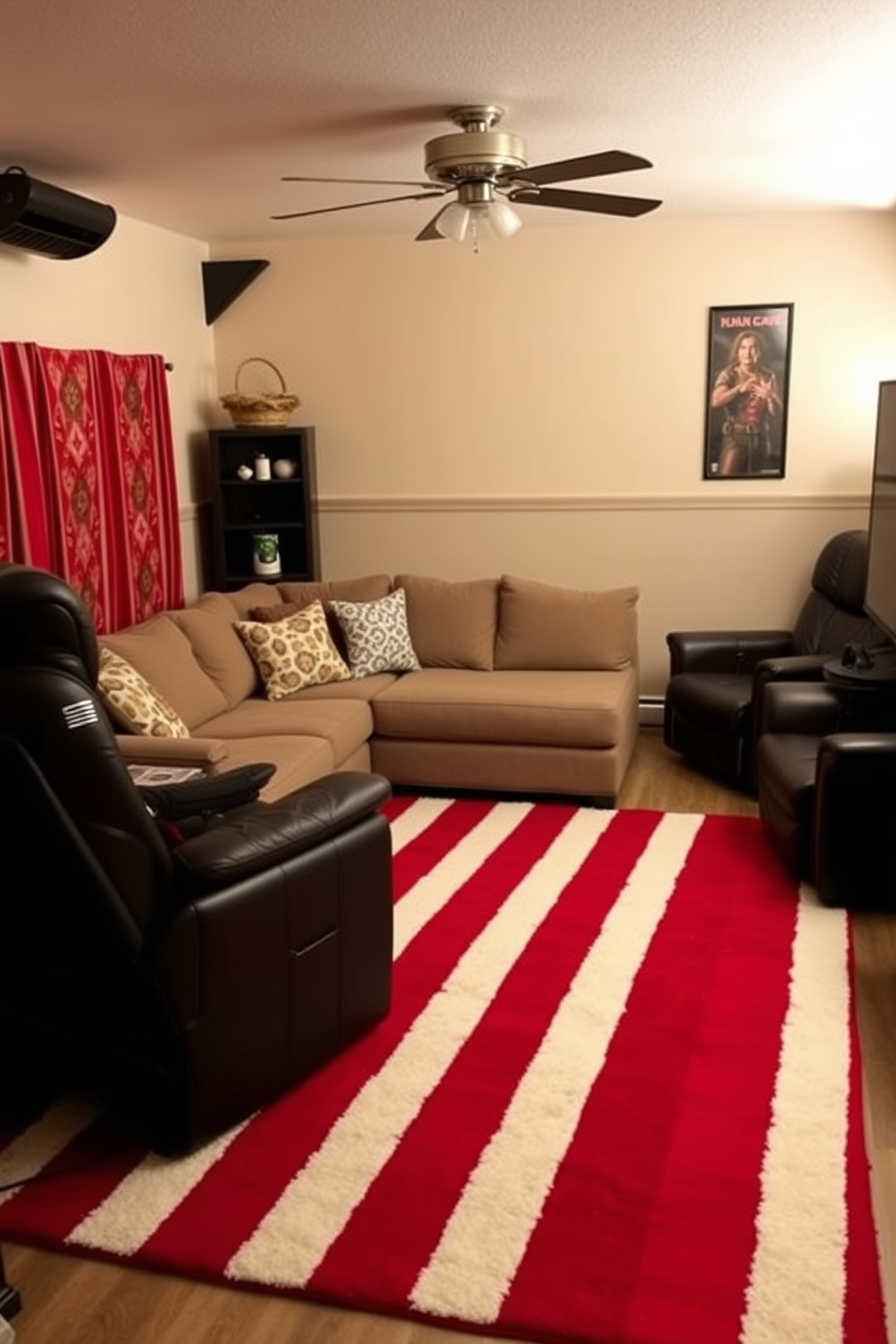 A cozy man cave featuring a red and white striped area rug that adds a vibrant touch to the space. The room is adorned with comfortable seating options, including a plush sectional sofa and a couple of leather recliners, creating an inviting atmosphere for relaxation and entertainment.