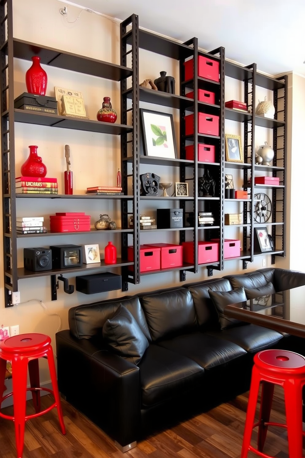 A striking industrial-style shelving unit dominates the wall, featuring a mix of raw metal and reclaimed wood. Bold red accents are incorporated through decorative items and storage boxes, adding a vibrant contrast to the rugged materials. The man cave is designed for relaxation and entertainment, showcasing a large sectional sofa in dark leather. A custom bar area with red stools complements the industrial theme, creating a perfect space for gatherings and leisure.