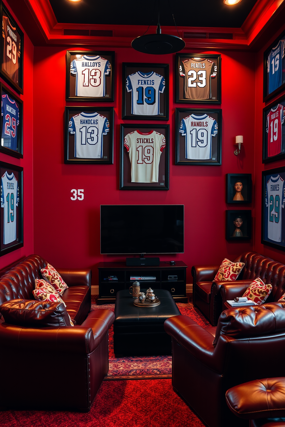 A stylish man cave featuring framed sports jerseys on the walls. The space is designed with a deep red color scheme, complemented by plush leather seating and a large flat-screen TV.