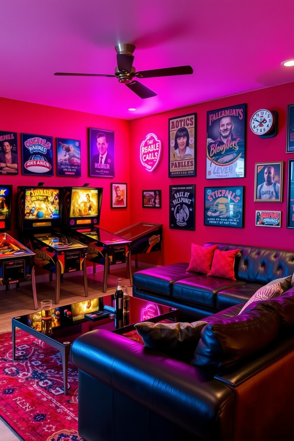 A vibrant man cave featuring retro pinball machines as fun decor elements. The walls are painted in deep red, adorned with vintage posters and neon signs that enhance the playful atmosphere. Comfortable seating is arranged around a sleek coffee table, with a plush sectional couch in dark leather. Ambient lighting creates a warm glow, inviting friends to gather and enjoy games and drinks together.