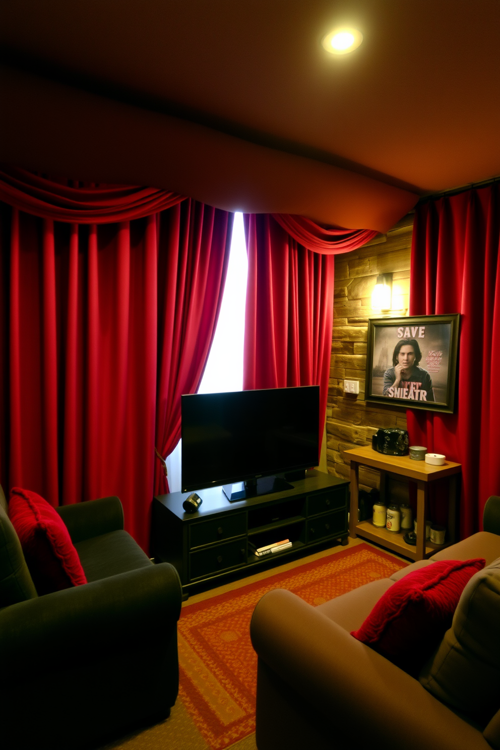 A cozy man cave featuring deep red curtains that elegantly block out light for a perfect cinematic experience. The space is adorned with plush seating, a large flat-screen TV, and rustic wooden accents, creating a warm and inviting atmosphere.