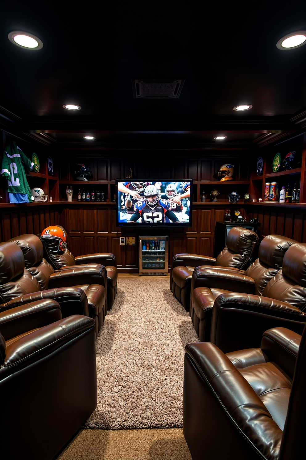 A cozy man cave featuring leather recliners arranged in a semi-circle around a large flat-screen TV mounted on the wall. The room is accented with dark wood paneling and soft ambient lighting, creating a warm and inviting atmosphere. The floor is covered with a plush area rug that contrasts with the rich leather of the recliners. Shelves filled with sports memorabilia and a mini-fridge stocked with drinks complete the ultimate relaxation space.