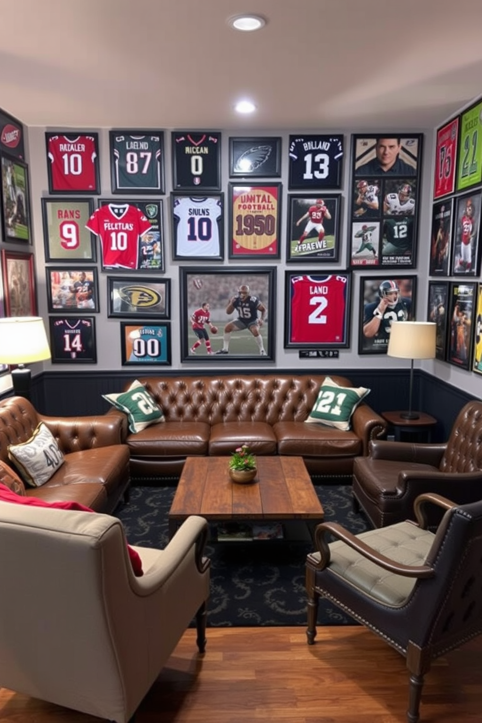 A stylish man cave featuring wall art dedicated to favorite sports teams. The walls are adorned with framed jerseys and posters of iconic players, creating an energetic atmosphere. Comfortable seating options include a plush leather sofa and a pair of vintage lounge chairs. A rustic wooden coffee table sits in the center, surrounded by ambient lighting from stylish floor lamps.