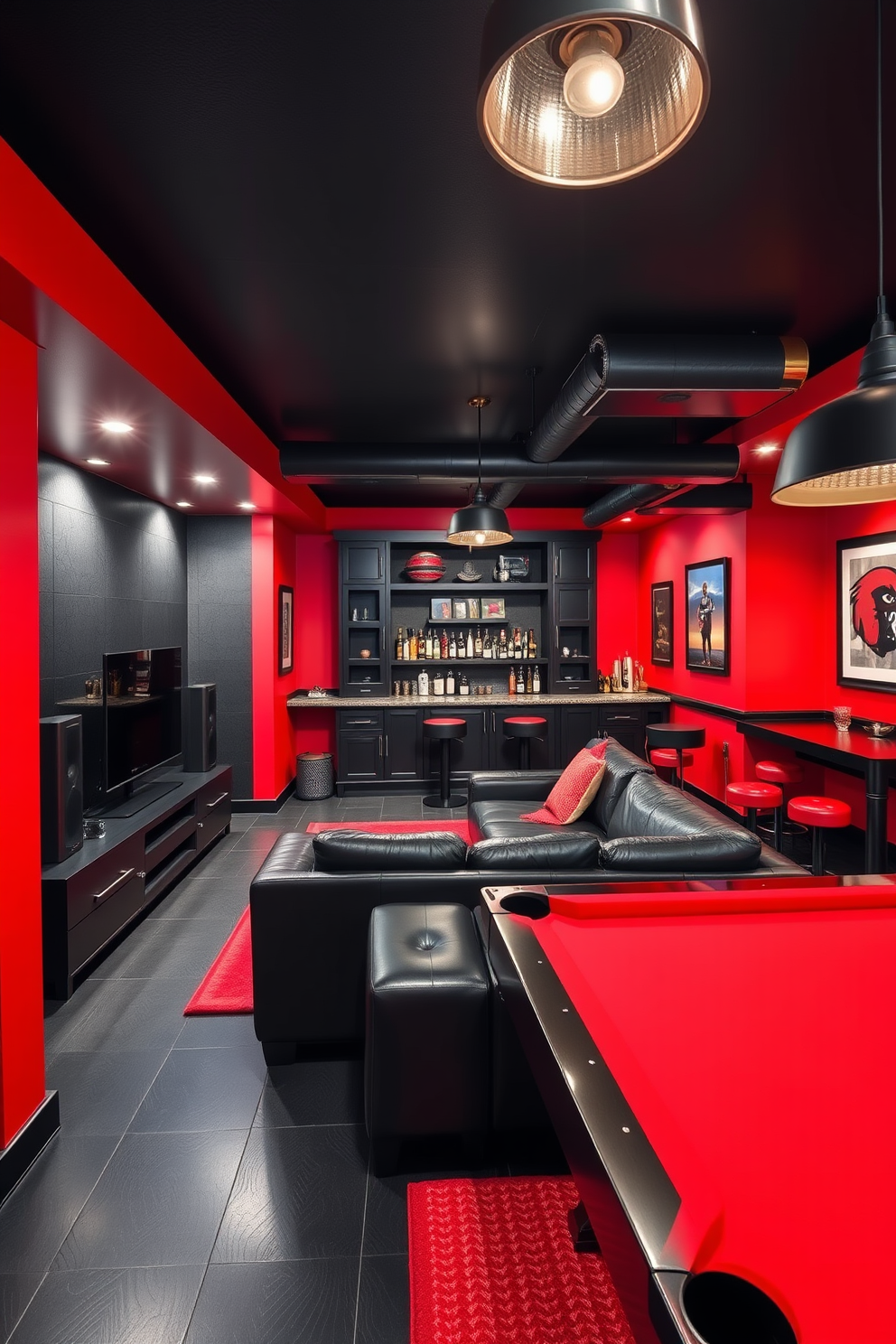 A striking man cave featuring a bold red and black color scheme. The walls are painted in a deep red, complemented by black leather furniture and accents. A large sectional sofa in black leather faces a sleek entertainment center, adorned with a flat-screen TV and sound system. Industrial-style lighting fixtures in black hang from the ceiling, adding an edgy touch to the space. A custom-built bar in the corner showcases a variety of spirits, with red bar stools providing seating. Decor elements include framed sports memorabilia and a pool table with a red felt surface, creating an inviting atmosphere for relaxation and entertainment.