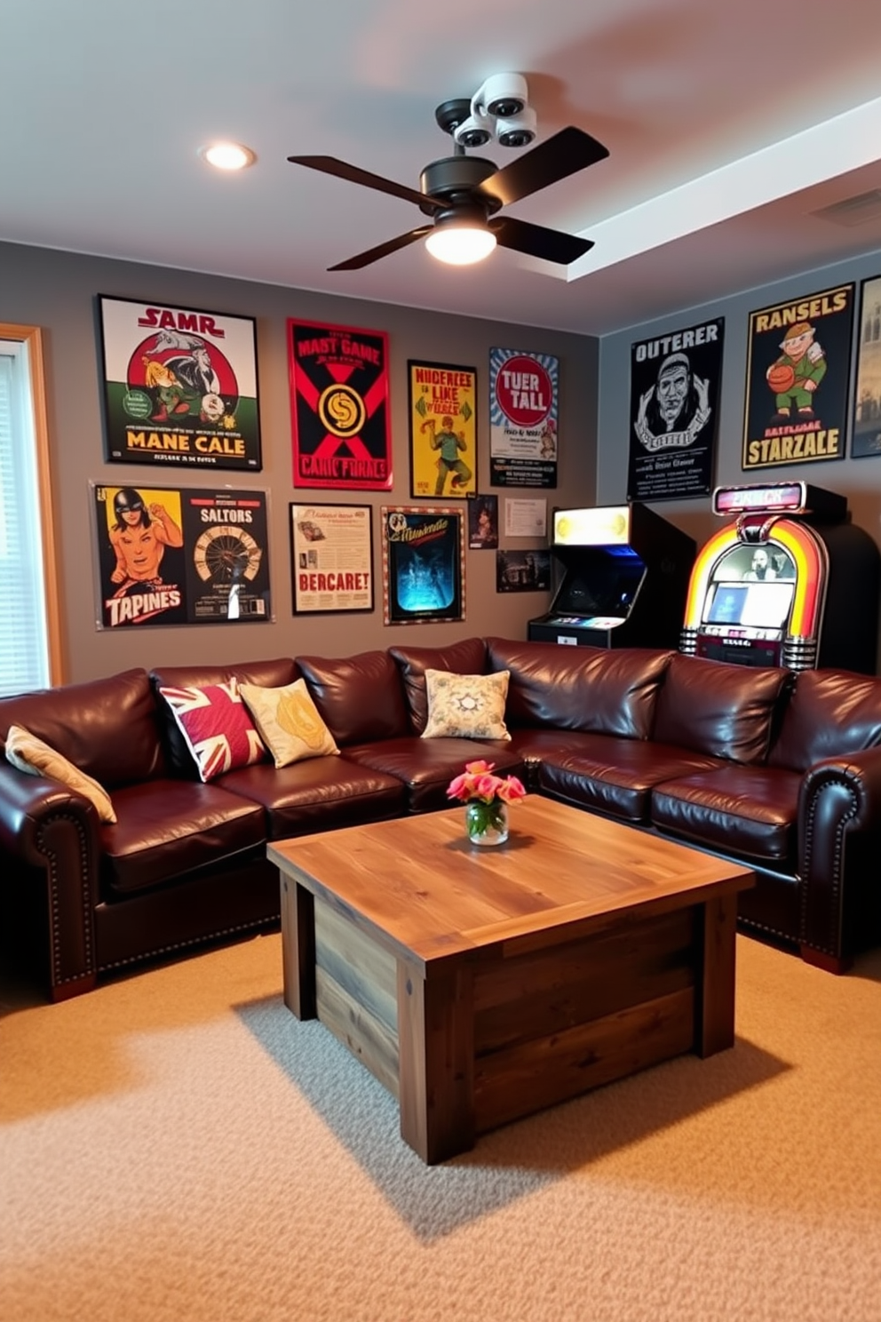 A cozy man cave featuring vintage arcade games as focal points. The walls are adorned with retro posters and soft ambient lighting creates a relaxed atmosphere. A plush sectional sofa in deep leather invites comfort while a coffee table made from reclaimed wood sits at its center. A vintage jukebox adds a nostalgic touch, enhancing the overall theme of leisure and entertainment.