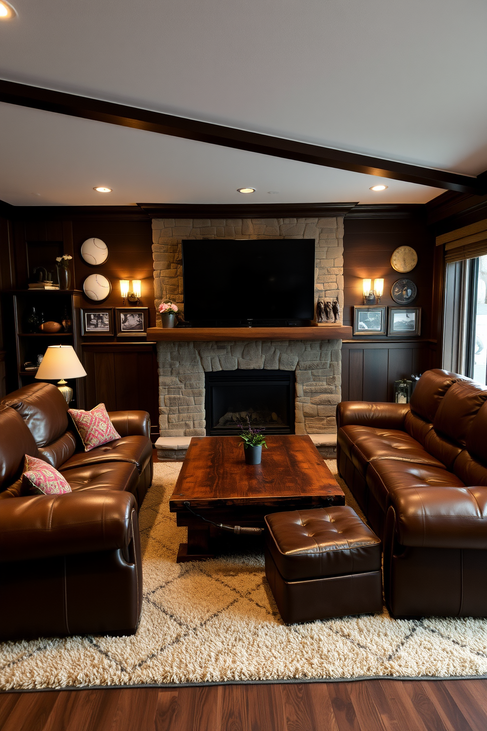 A cozy man cave with deep leather seating arranged around a rustic wooden coffee table. The walls are adorned with vintage sports memorabilia and a large flat-screen TV is mounted above a classic stone fireplace. Sconce lighting casts a warm ambient glow, highlighting the rich textures of the room. Dark wood paneling complements the plush area rug, creating an inviting atmosphere perfect for relaxation and entertainment.