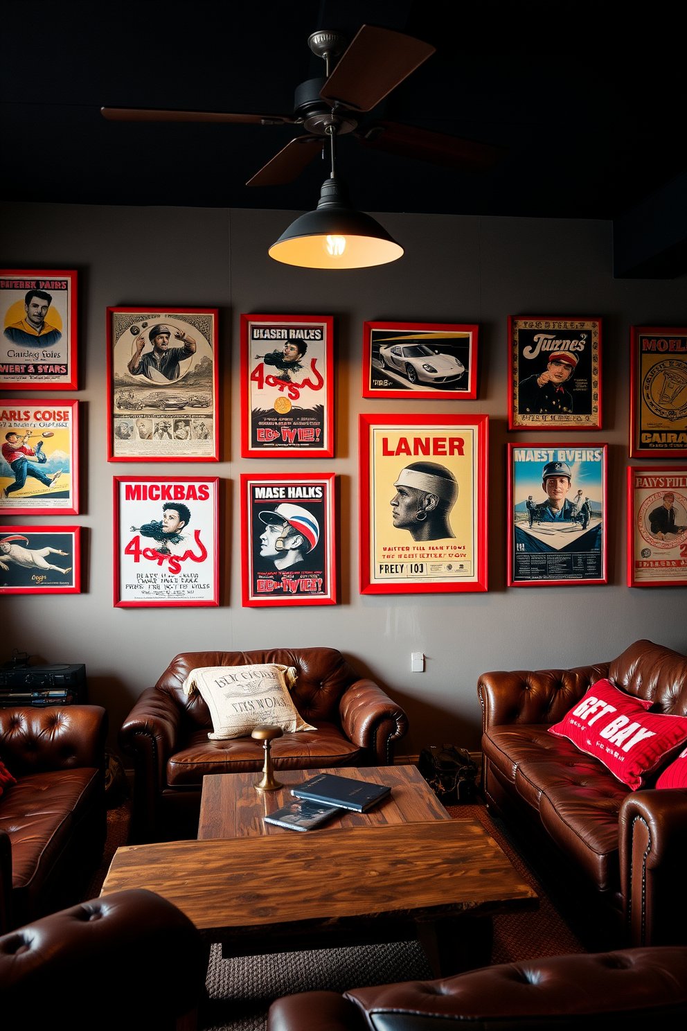 A collection of vintage posters in bold red frames adorns the walls, creating a striking focal point in the room. The posters feature classic designs that evoke nostalgia and add character to the space. The man cave is designed with deep leather sofas and a rustic wooden coffee table, providing a cozy atmosphere for relaxation. Ambient lighting enhances the warm tones of the decor, making it an inviting space for gatherings.