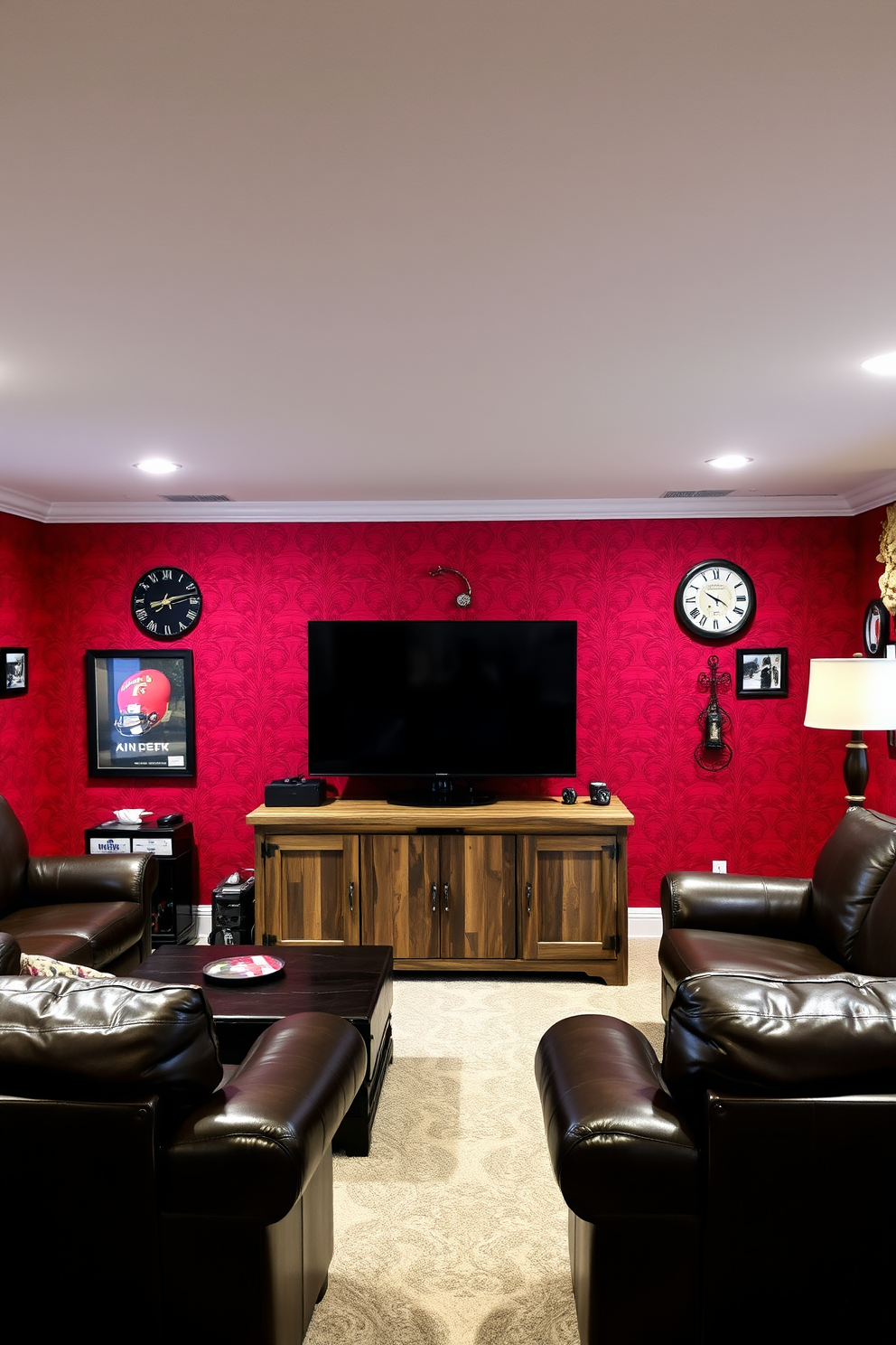 A striking accent wall adorned with vibrant red wallpaper creates a bold focal point in the room. The decor features dark wood furnishings and plush leather seating that complement the rich tones of the wall. The man cave is designed for comfort and entertainment, showcasing a large flat-screen TV mounted above a rustic wooden media console. Ambient lighting highlights the space, while vintage memorabilia adds a personal touch to the overall aesthetic.