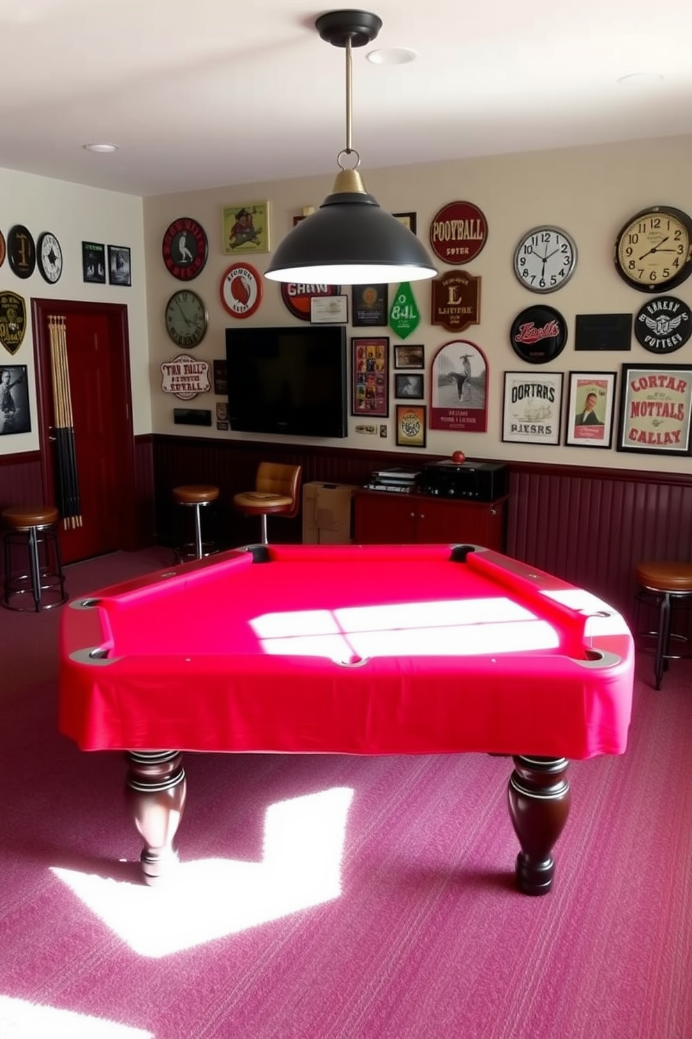 A stylish man cave featuring a pool table with a vibrant red felt cover. The walls are adorned with vintage sports memorabilia, and soft ambient lighting creates a cozy atmosphere.