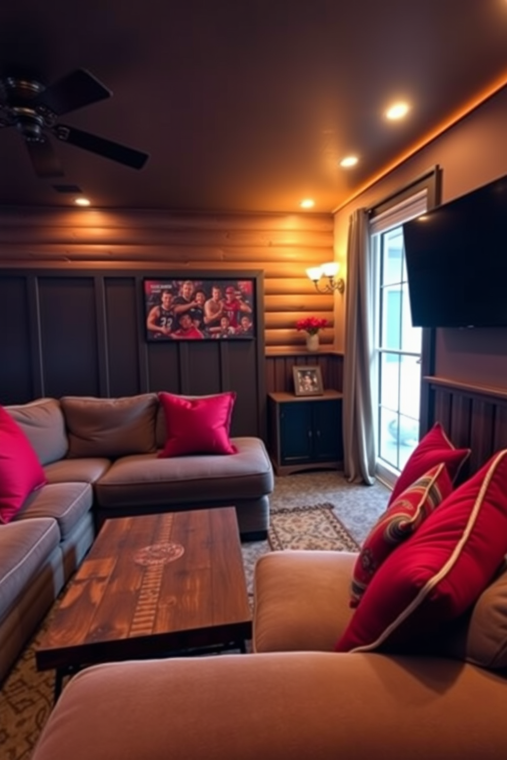 A cozy man cave featuring a plush sectional sofa adorned with red throw pillows for added comfort. The space is enhanced by ambient lighting, a rustic wooden coffee table, and a large flat-screen TV mounted on the wall.