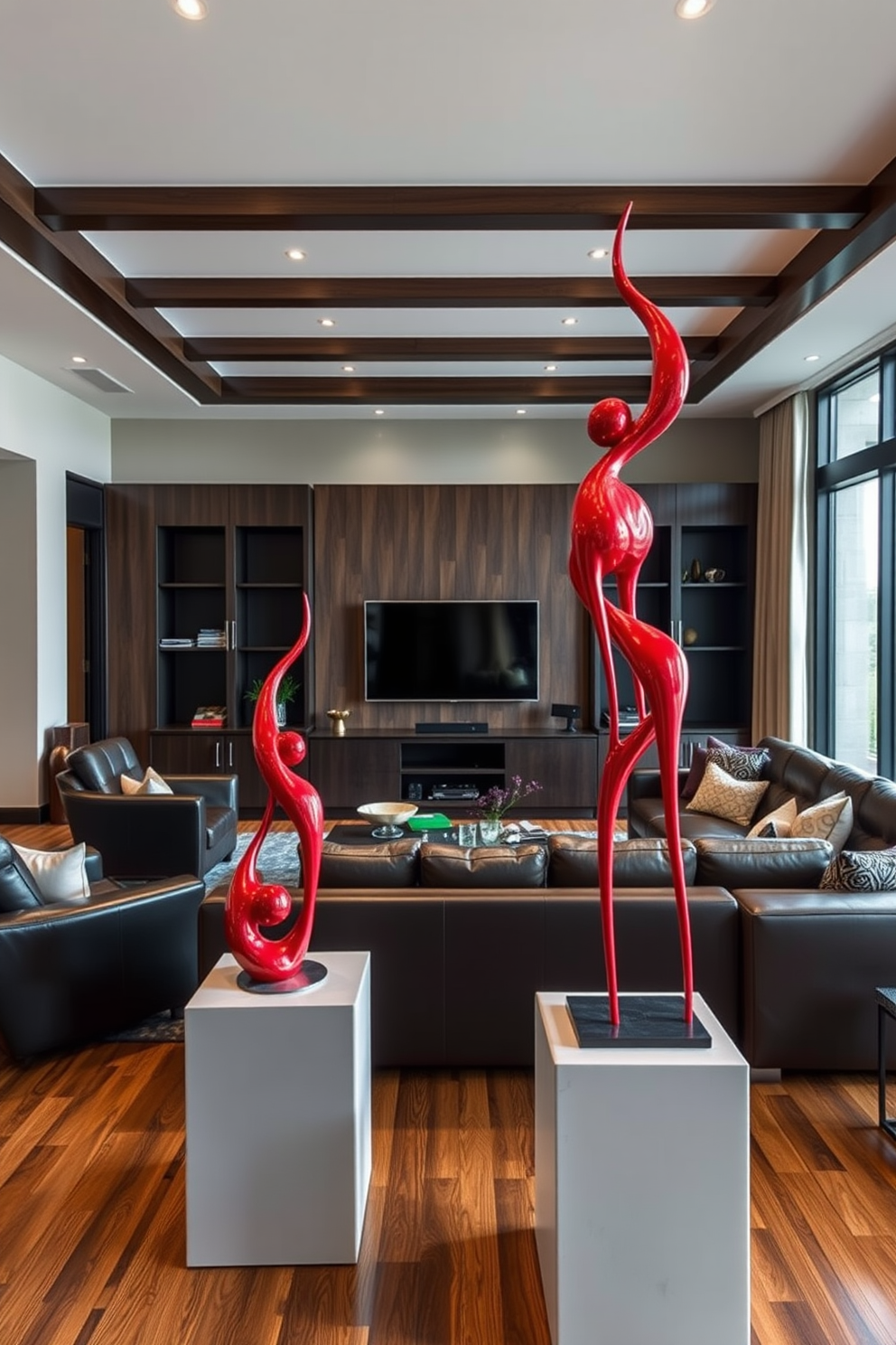 A stunning living room featuring unique red sculptures as conversation pieces. The sculptures are strategically placed on pedestals, drawing attention and sparking discussions among guests. The space is designed as a cozy man cave with dark wood accents and leather furniture. A large sectional sofa faces a sleek media console, creating an inviting atmosphere for relaxation and entertainment.