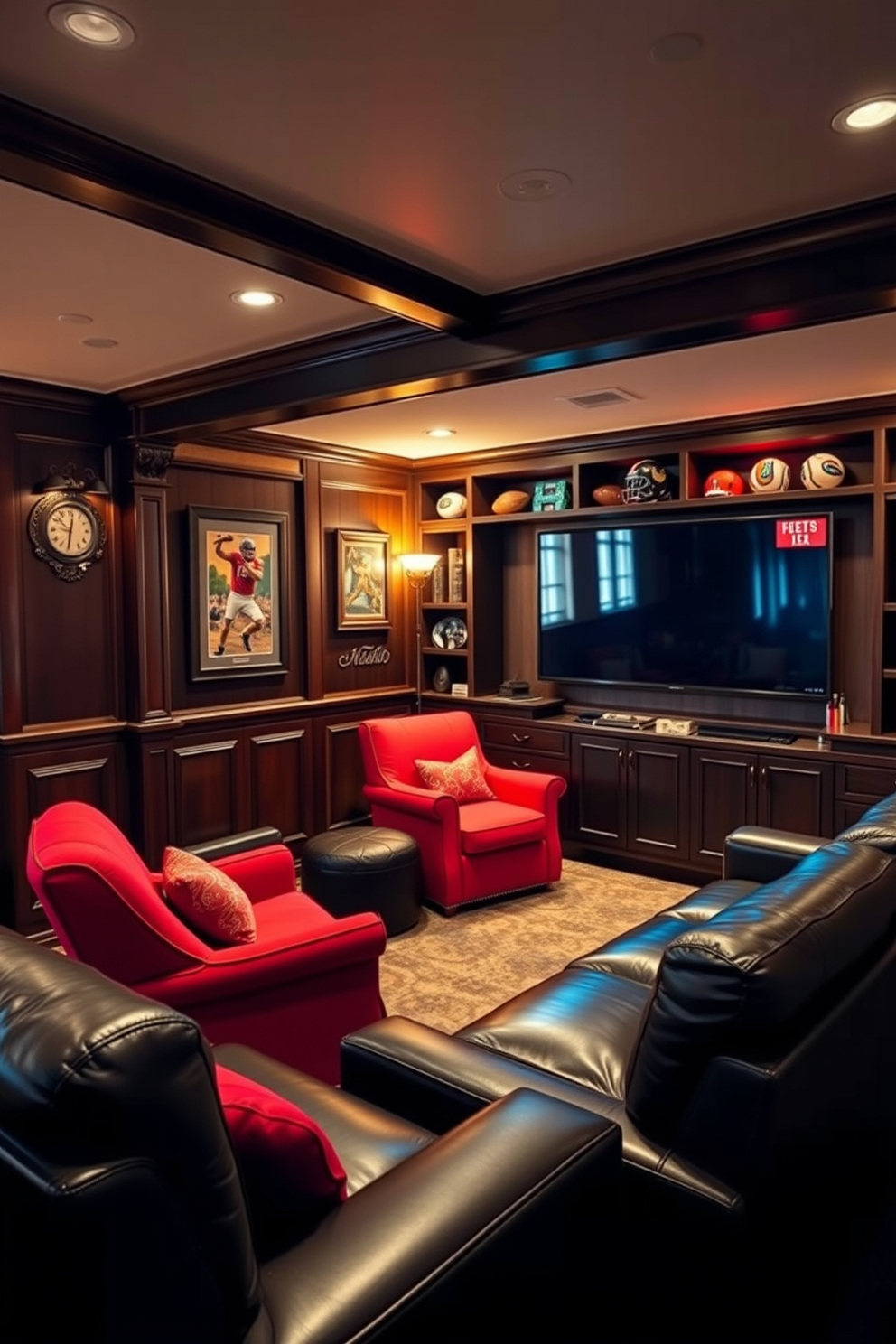 A cozy man cave featuring red accent chairs for additional seating. The room is designed with dark wood paneling and soft lighting to create an inviting atmosphere. In one corner, a plush red chair complements a sleek black leather sofa. A large flat-screen TV is mounted on the wall, surrounded by shelves filled with sports memorabilia.