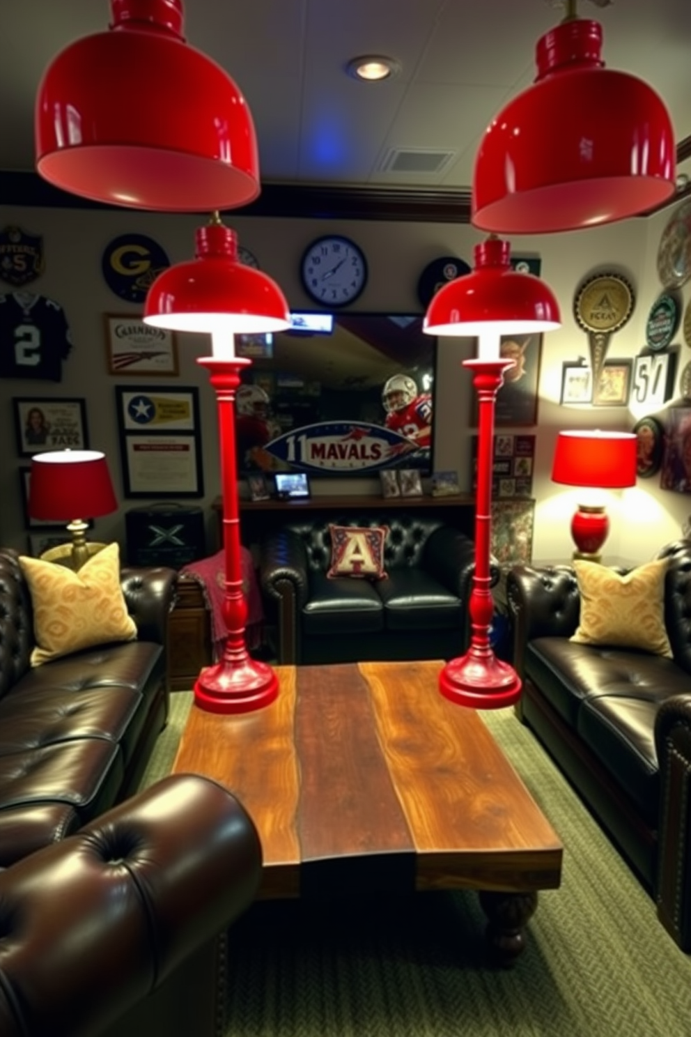 A stylish man cave featuring bold red table lamps that provide warm illumination. The space is designed with dark leather furniture, a rustic wooden coffee table, and sports memorabilia adorning the walls.