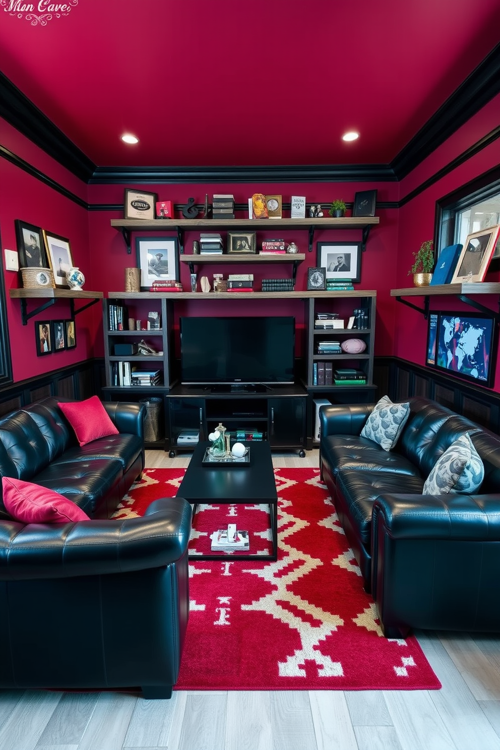 A cozy man cave with deep red walls accented by black trim. The space features a plush black leather sectional sofa facing a sleek entertainment center with a large flat-screen TV. Industrial-style shelves made of reclaimed wood are mounted on the walls, displaying an array of vintage memorabilia and books. A stylish black coffee table sits in the center, complemented by a bold area rug that adds warmth to the room.