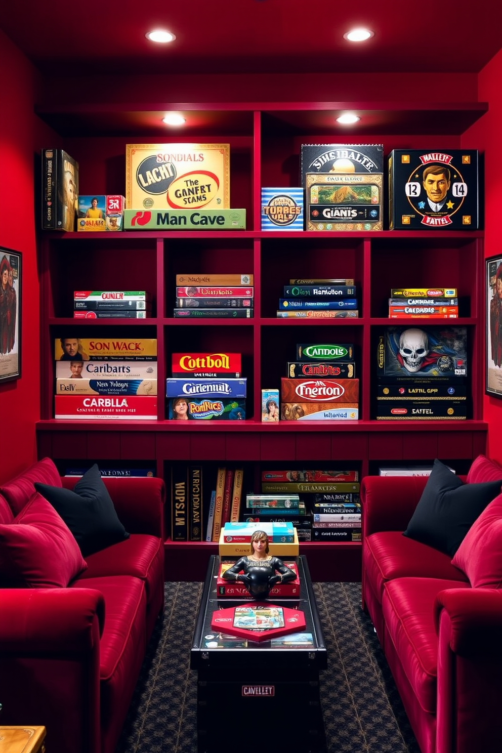 A vibrant man cave designed with a red theme showcases an array of board games neatly displayed on custom shelving. The walls are painted a deep crimson, complemented by plush seating in rich burgundy and accents of black for a bold contrast.