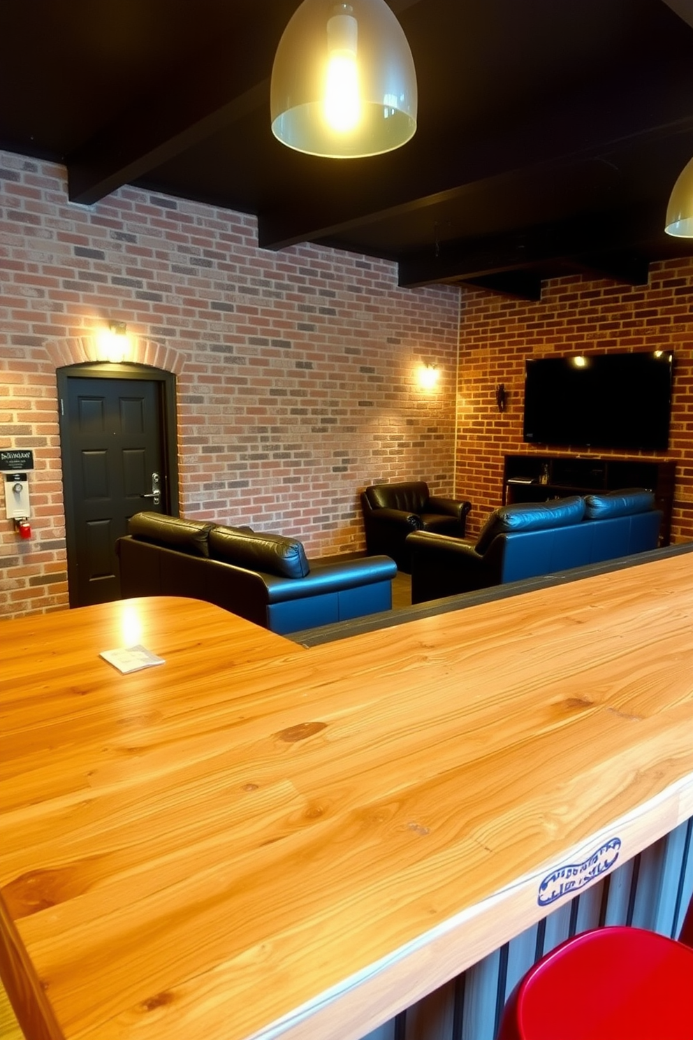 A rustic wood bar with a polished surface is set against a backdrop of exposed brick walls. Red stools with a vintage design surround the bar, adding a pop of color to the warm, earthy tones of the wood. The man cave features a cozy seating area with leather sofas and a large flat-screen TV mounted on the wall. Ambient lighting creates a relaxed atmosphere, perfect for entertaining friends or enjoying a quiet evening.