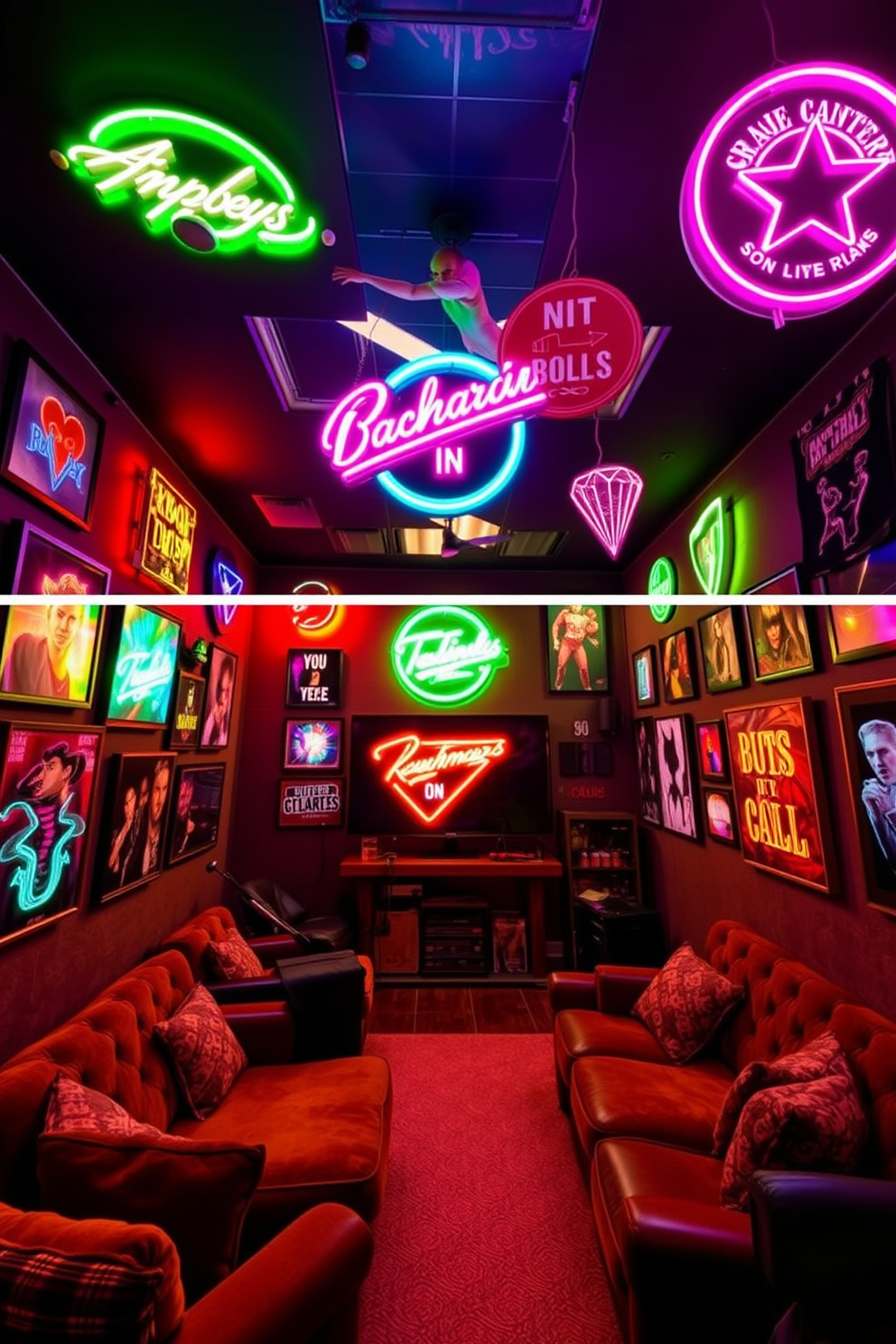 A lively space featuring neon signs that illuminate the room with vibrant colors. The walls are adorned with various neon artworks, creating an energetic and modern atmosphere. A cozy man cave designed with rich textures and deep colors. Plush seating and a large screen for entertainment complement the warm ambiance created by ambient lighting.