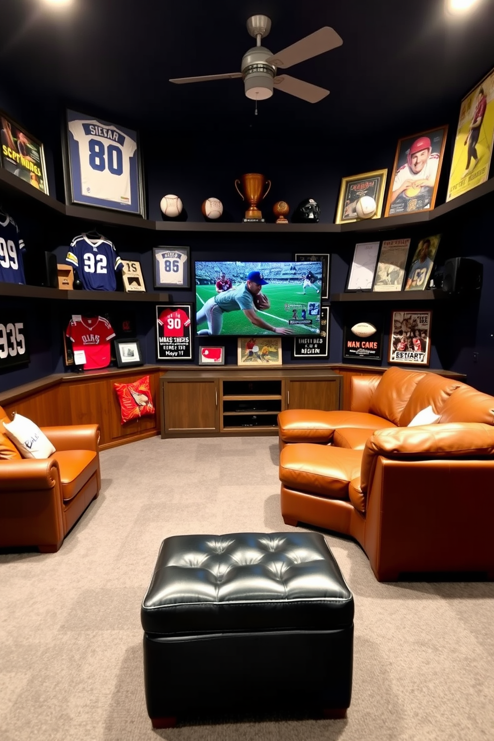 A stylish man cave featuring shelves adorned with various sport memorabilia. The walls are painted in a deep navy blue, and the floors are covered with a plush gray carpet for comfort. The display includes framed jerseys, signed baseballs, and vintage sports posters. A cozy sectional sofa in leather faces a large flat-screen TV mounted on the wall for the ultimate viewing experience.