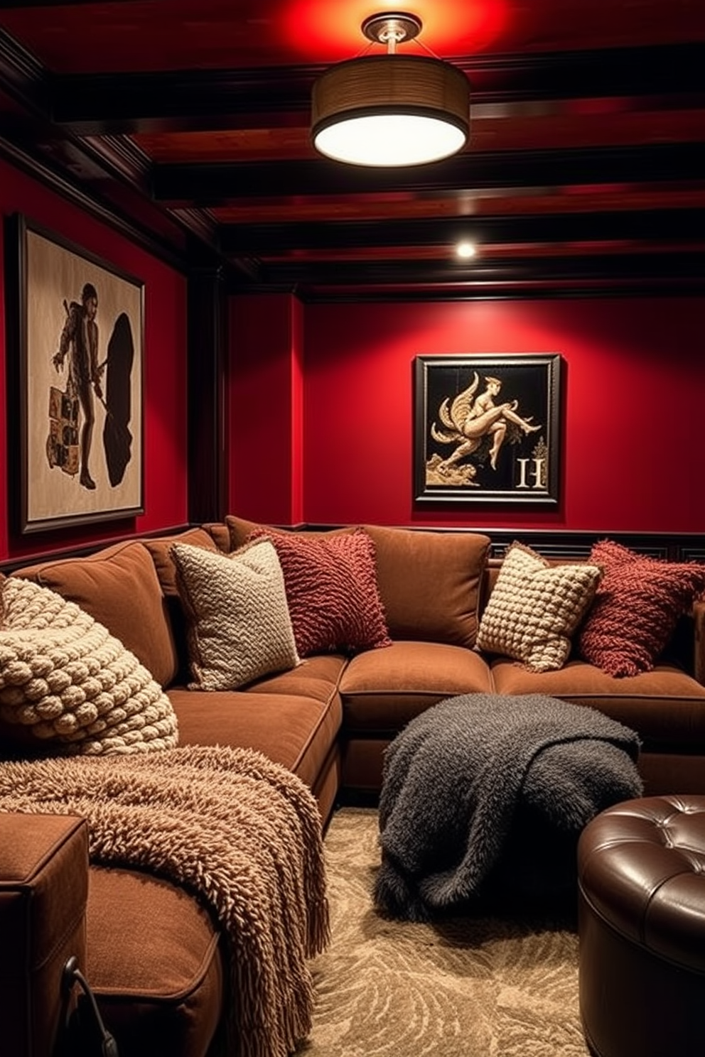 Cozy seating area with plush cushions. The space features a large sectional sofa adorned with soft, textured throws and oversized pillows, creating an inviting atmosphere for relaxation. Red Man Cave Design Ideas. The room is designed with deep red walls, complemented by dark wood accents and ambient lighting, providing a perfect backdrop for entertainment and leisure activities.