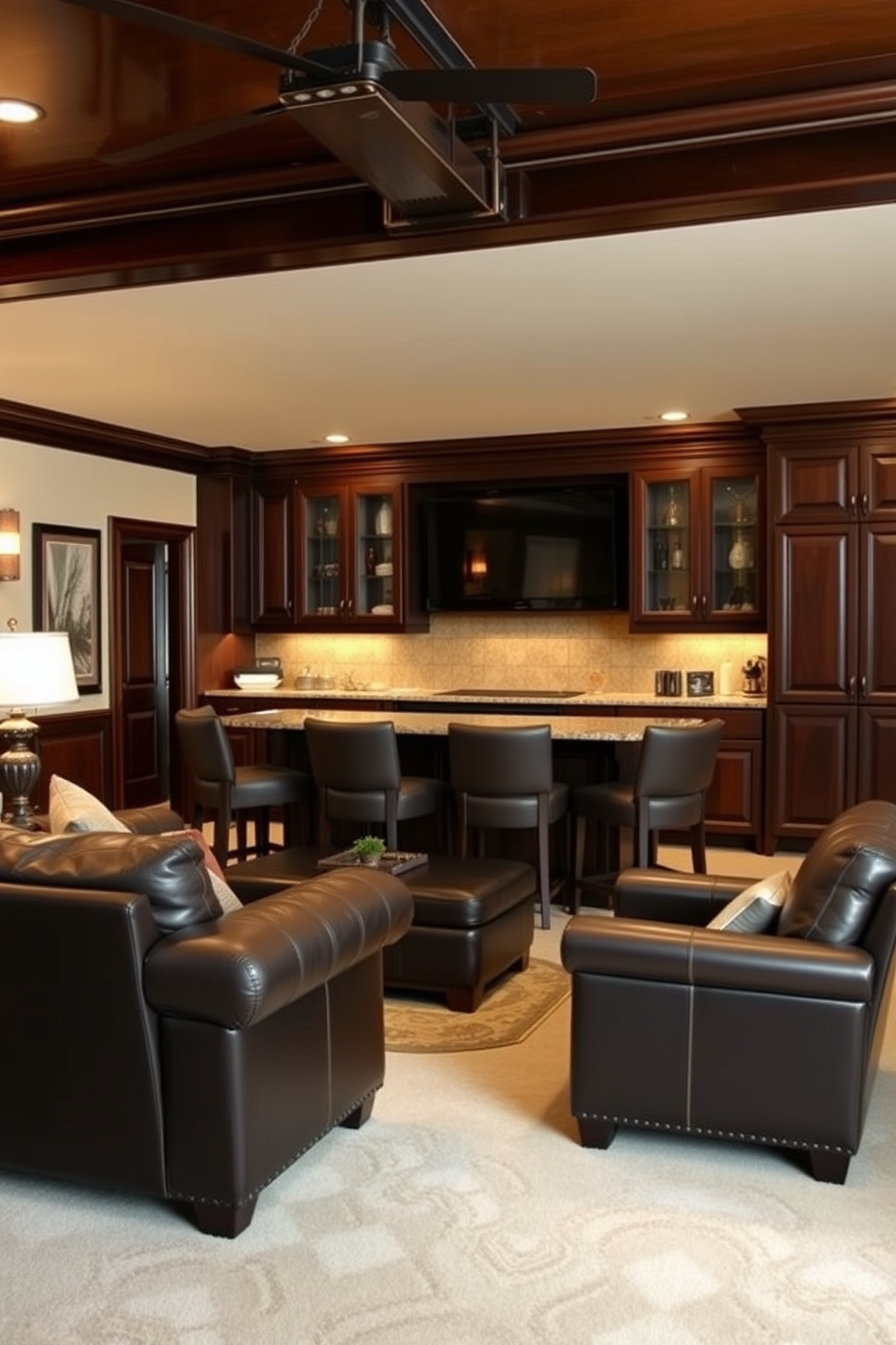 A stylish man cave featuring dark wood furniture that exudes elegance. The space includes a plush leather sofa and a custom-built bar with dark wood cabinetry, complemented by a large flat-screen TV mounted on the wall.