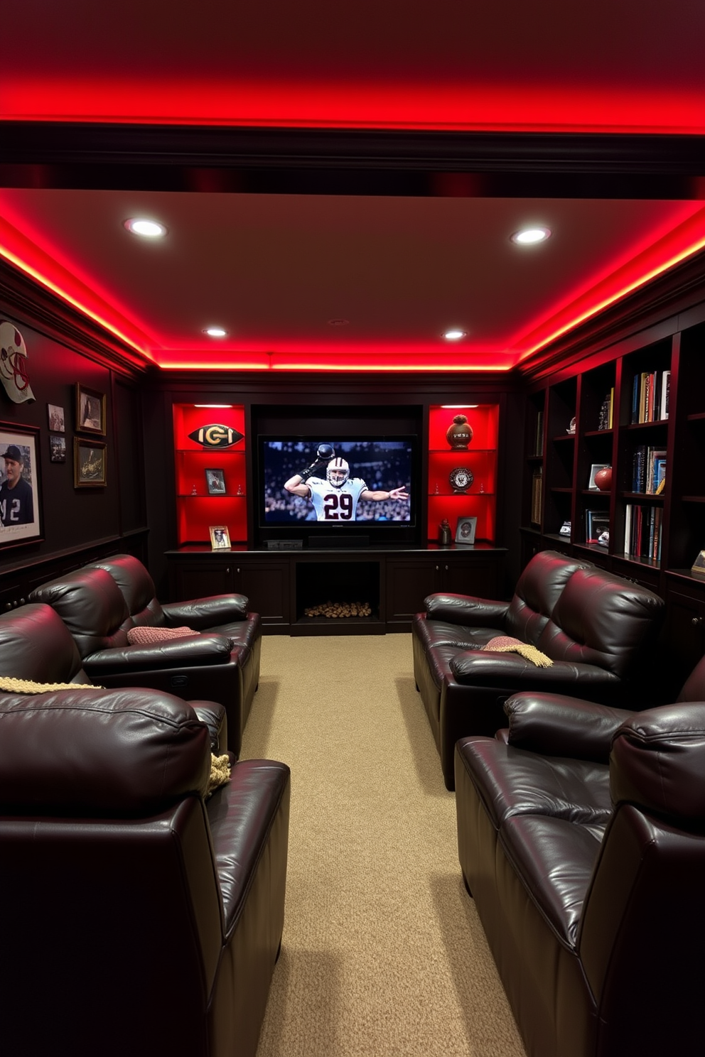 A cozy man cave designed for relaxation and entertainment. The space features deep leather seating and a large flat-screen TV mounted on the wall, creating a perfect spot for movie nights. The room is illuminated by red accent lighting that casts a warm glow throughout the space. Dark wooden shelves are adorned with sports memorabilia and books, adding a personal touch to the man cave atmosphere.