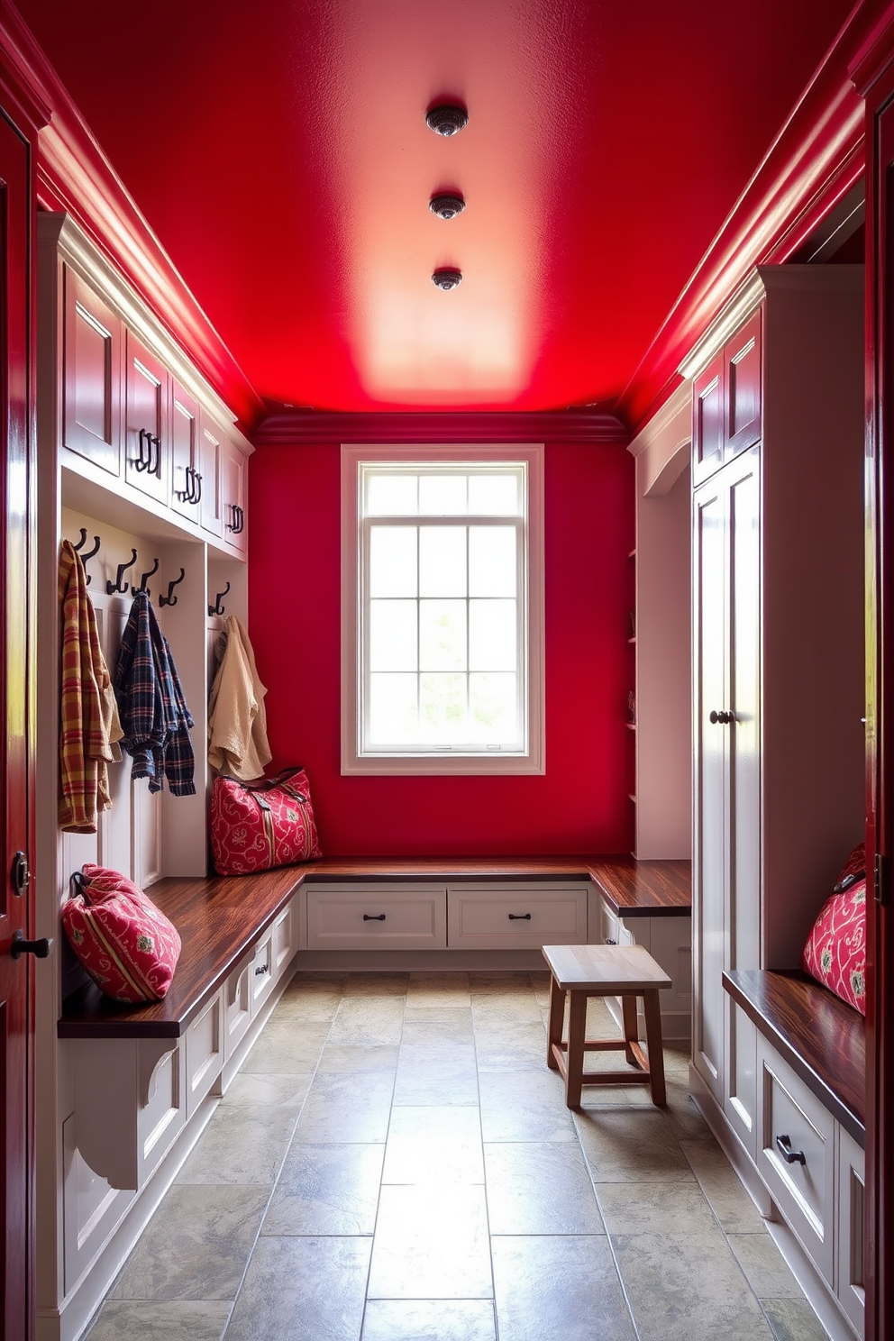 A dramatic mudroom features a striking red painted ceiling that draws the eye upward. The walls are adorned with practical storage solutions, including built-in benches and hooks for coats and bags. The flooring consists of durable tiles that can withstand heavy foot traffic while adding a stylish touch. Natural light floods the space through a large window, creating a welcoming atmosphere for both family and guests.