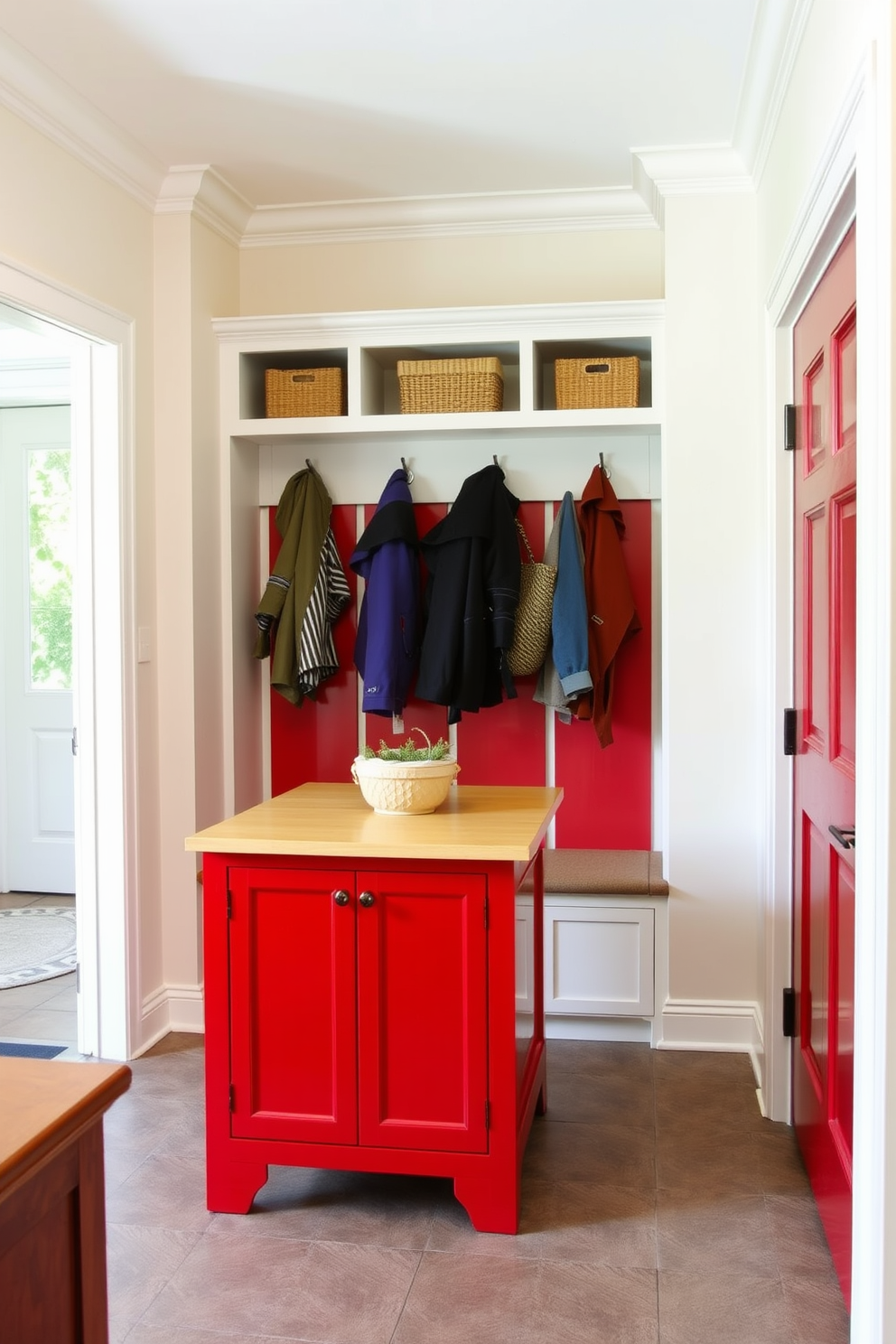 A red mudroom island serves as a functional centerpiece, offering extra storage and seating. The island is complemented by built-in cubbies and hooks for coats, creating an organized and welcoming entryway. The walls are painted in a soft neutral tone, contrasting beautifully with the vibrant red of the island. A durable tile floor features a geometric pattern, enhancing the mudroom's stylish yet practical design.