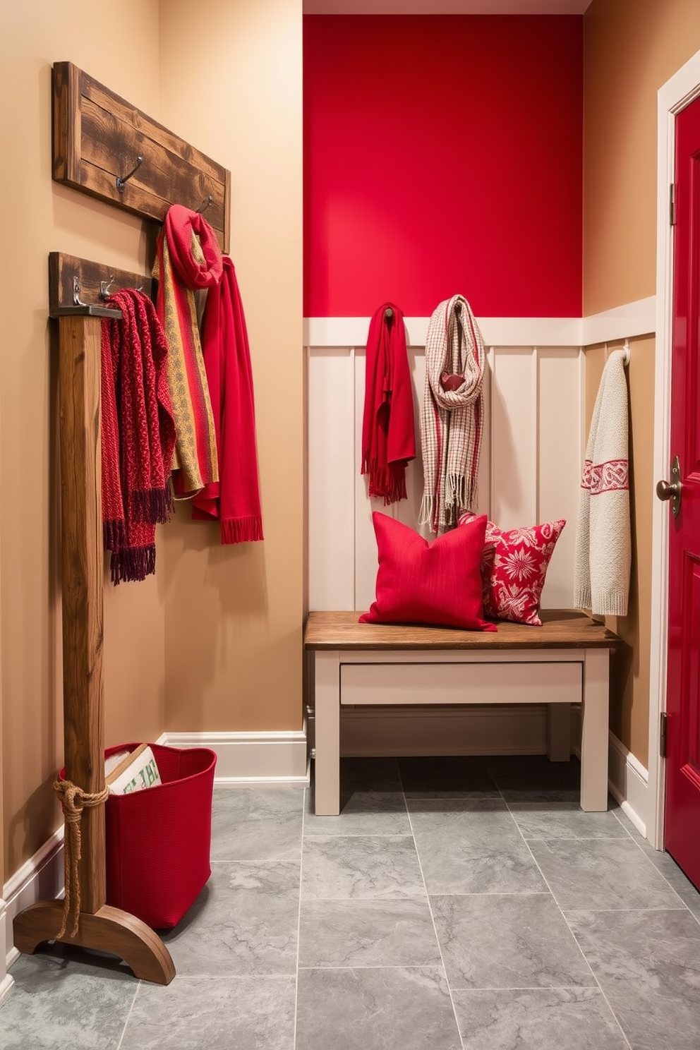 A cozy mudroom featuring a combination of red and neutral tones. The walls are painted in a warm beige, while vibrant red accents are incorporated through a stylish bench and decorative pillows. The flooring consists of durable gray tiles, perfect for high-traffic areas. A rustic wooden coat rack stands against one wall, adorned with red and neutral scarves and jackets.