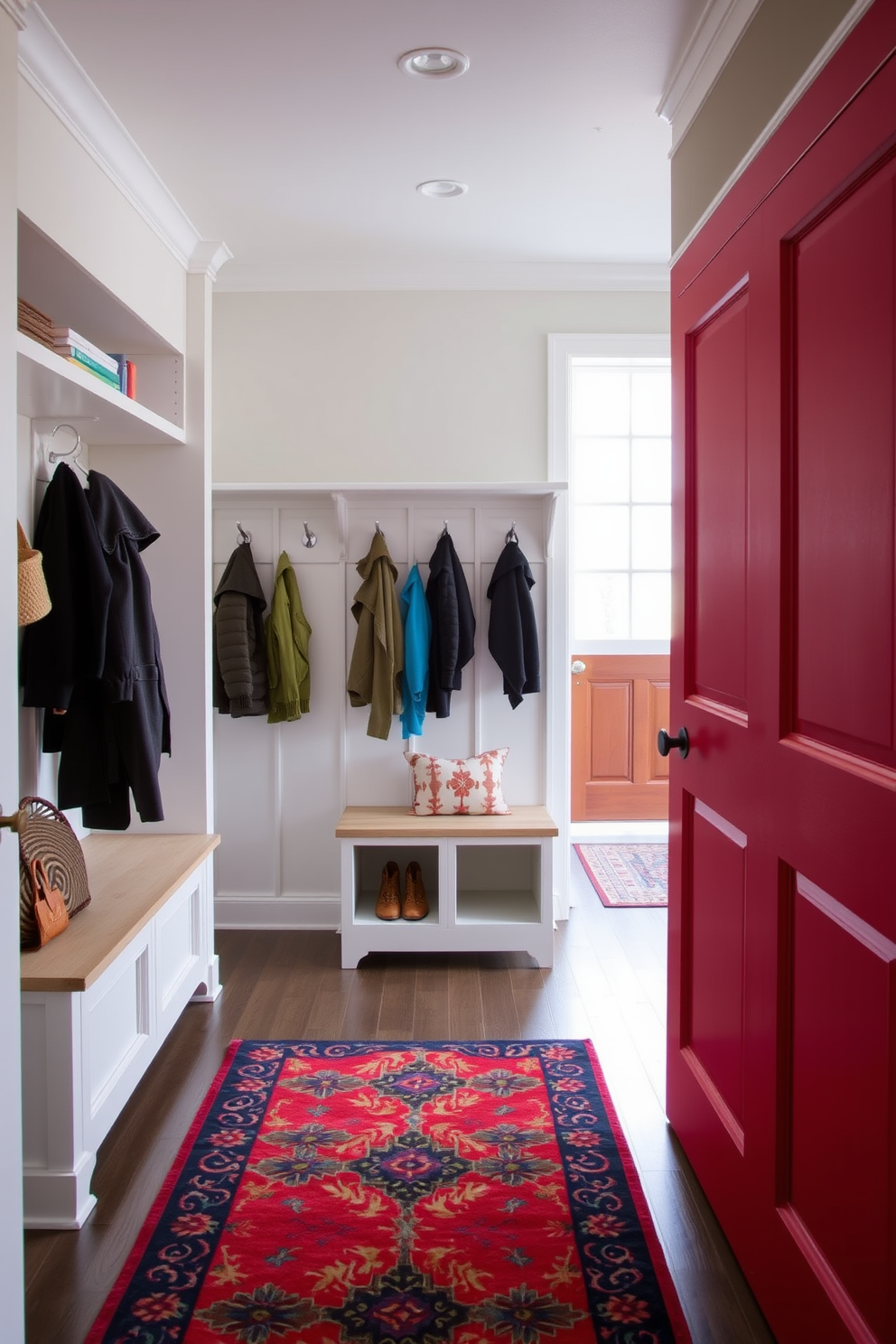 A contemporary mudroom features a red sliding door that seamlessly integrates with the surrounding decor while saving valuable space. The room is designed with built-in storage benches and hooks for coats, complemented by a vibrant area rug that adds warmth to the entryway.