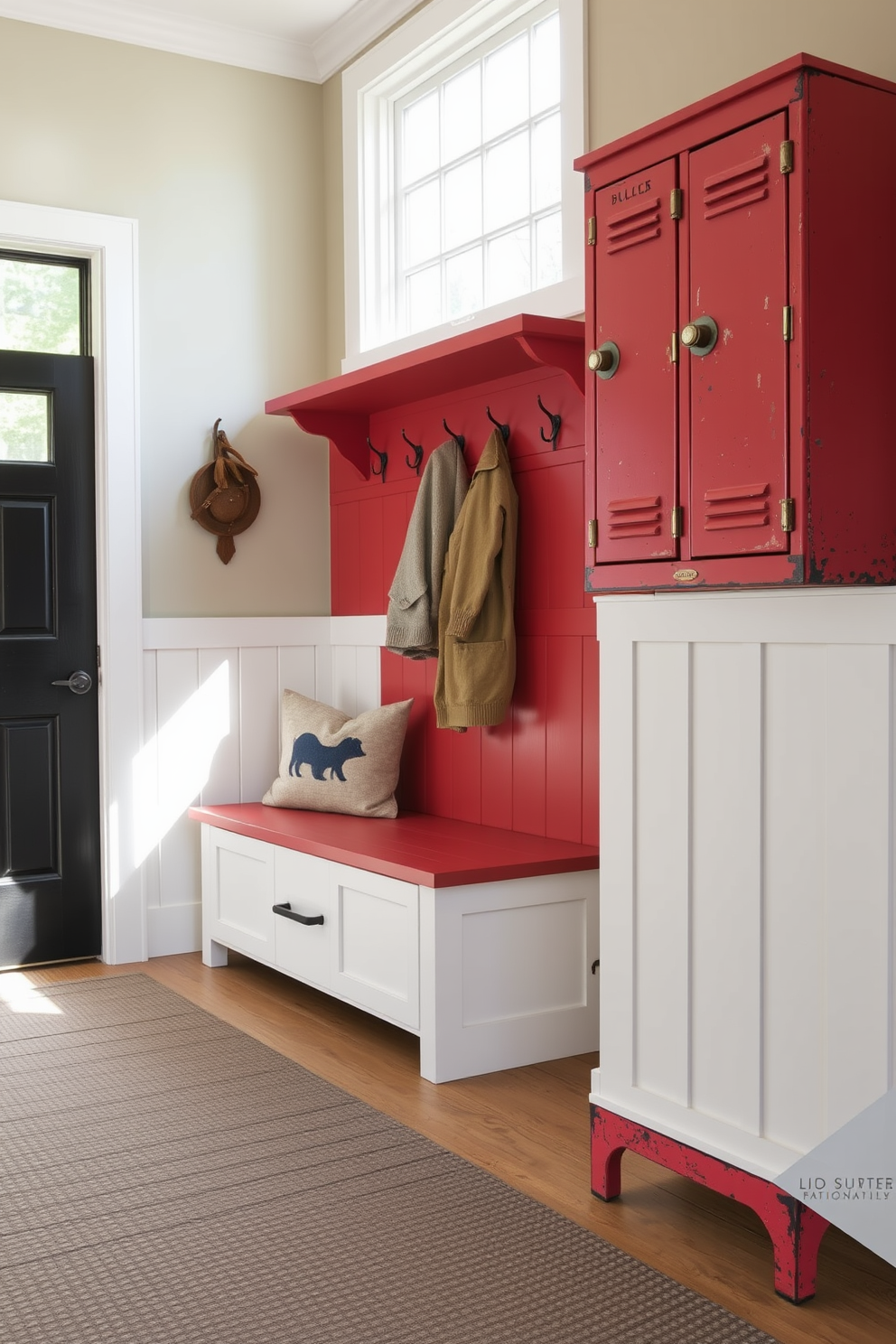 A vintage red locker stands prominently against the wall, showcasing its rustic charm with peeling paint and metal accents. The floor is covered in a durable, textured mat that complements the vibrant hue of the lockers. In the mudroom, a bench with built-in storage sits beneath a window, providing a cozy spot to remove shoes. Hooks are mounted above the bench for hanging jackets and bags, creating an organized and inviting space.