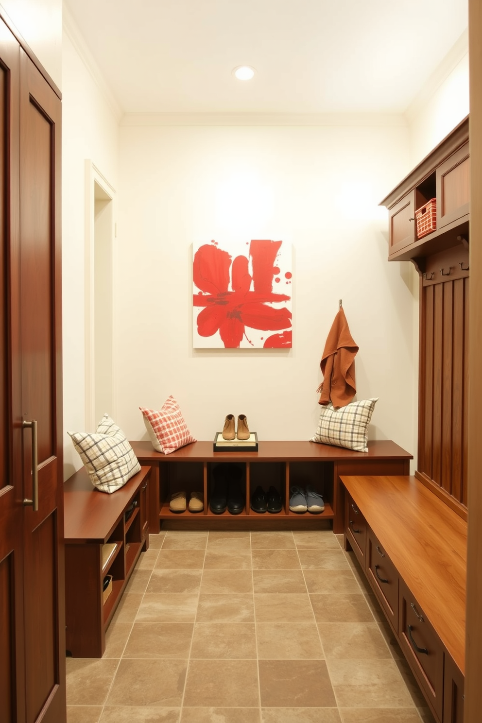 A vibrant red wall art piece serves as a focal point in the room, adding a burst of personality and energy to the space. The artwork features abstract shapes and bold brush strokes, creating a striking contrast against the neutral tones of the surrounding decor. The mudroom is designed with functionality in mind, featuring built-in benches and ample storage for shoes and coats. Rich wooden cabinetry complements the red accents, while a durable tile floor ensures easy maintenance and style.