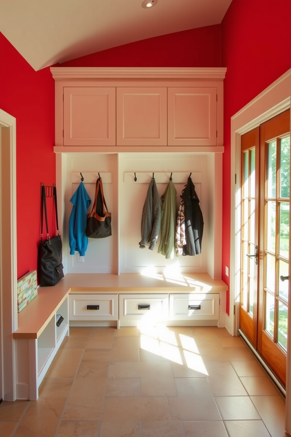 A vibrant mudroom featuring a striking red tile backsplash that adds a pop of color and interest to the space. The room includes built-in storage benches with hooks above for coats and bags, creating an organized and inviting entryway. The floor is adorned with durable, easy-to-clean tiles that complement the red backsplash. Natural light floods the area through a large window, enhancing the warm tones and making the space feel welcoming.