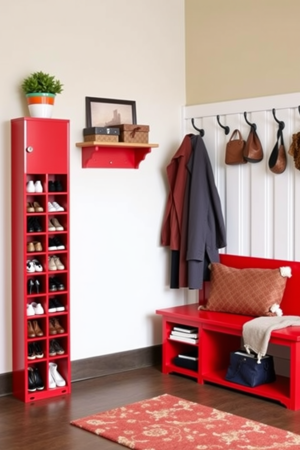 Functional red shoe storage solutions. A sleek red shoe cabinet with multiple compartments stands against the wall, providing ample space for organizing various shoe sizes. Above the cabinet, a wall-mounted shelf displays decorative boxes and a small potted plant for a touch of greenery. Red mudroom design ideas. The mudroom features a vibrant red bench with built-in storage underneath, perfect for seating while putting on shoes. On the wall, hooks are arranged for hanging coats and bags, complemented by a stylish area rug that adds warmth and character to the space.