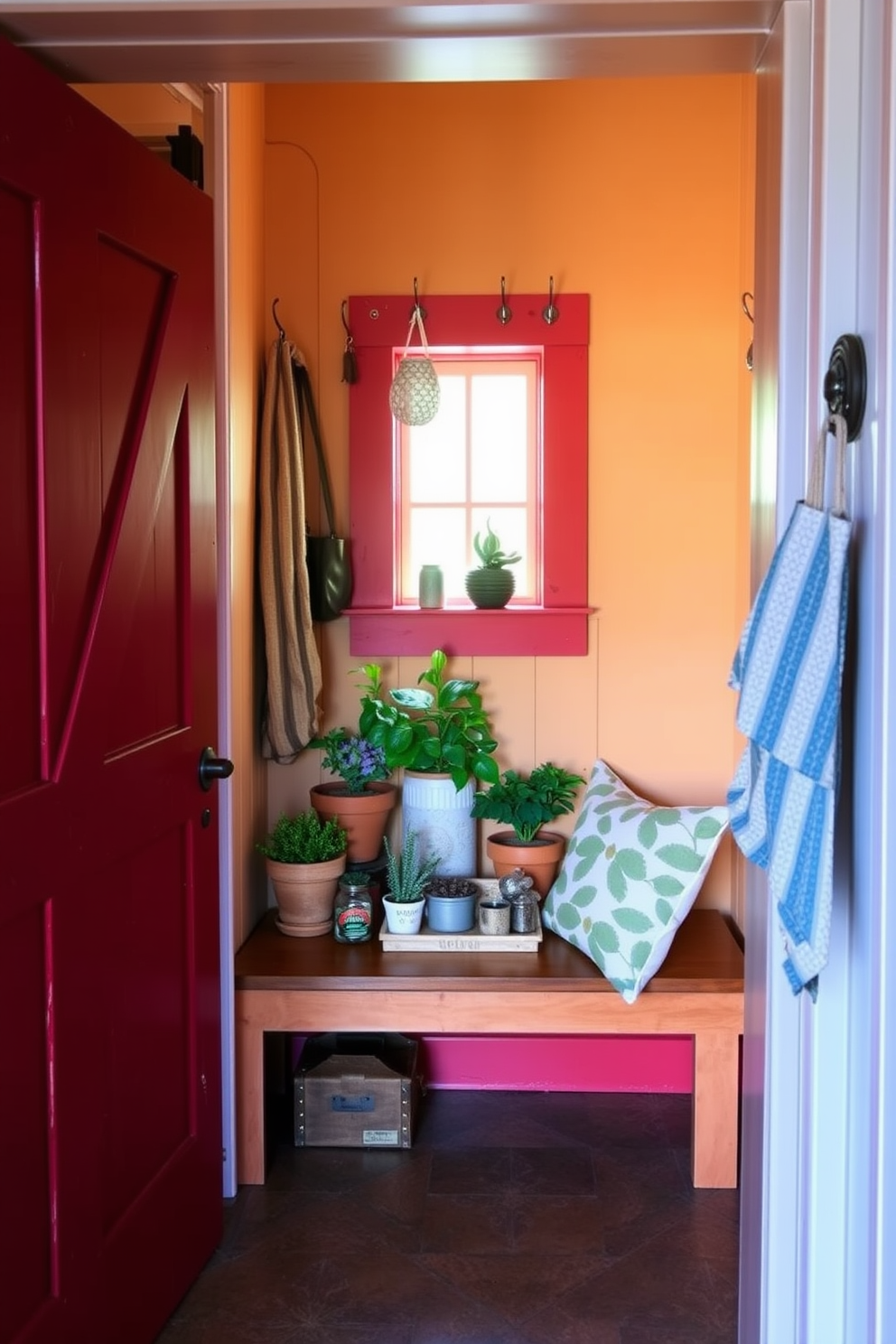 A rustic red barn door serves as the entrance to a cozy mudroom filled with charm. The space features a wooden bench with vintage hooks above for hanging coats and bags, complemented by a warm, earthy color palette. The mudroom is adorned with patterned tile flooring that adds texture and interest. Natural light filters in through a small window, illuminating a collection of potted plants and rustic decor items.