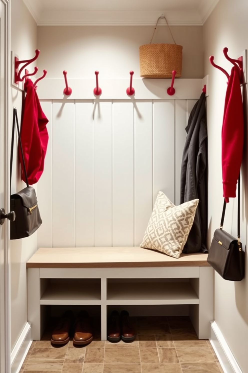 A stylish mudroom featuring red hooks for coats and bags is designed for both functionality and aesthetics. The walls are painted in a soft neutral tone, complementing the vibrant red hooks that add a pop of color. The flooring is made of durable tile, providing easy maintenance while enhancing the overall look. A bench with storage underneath is positioned against the wall, offering a practical seating area for putting on shoes.