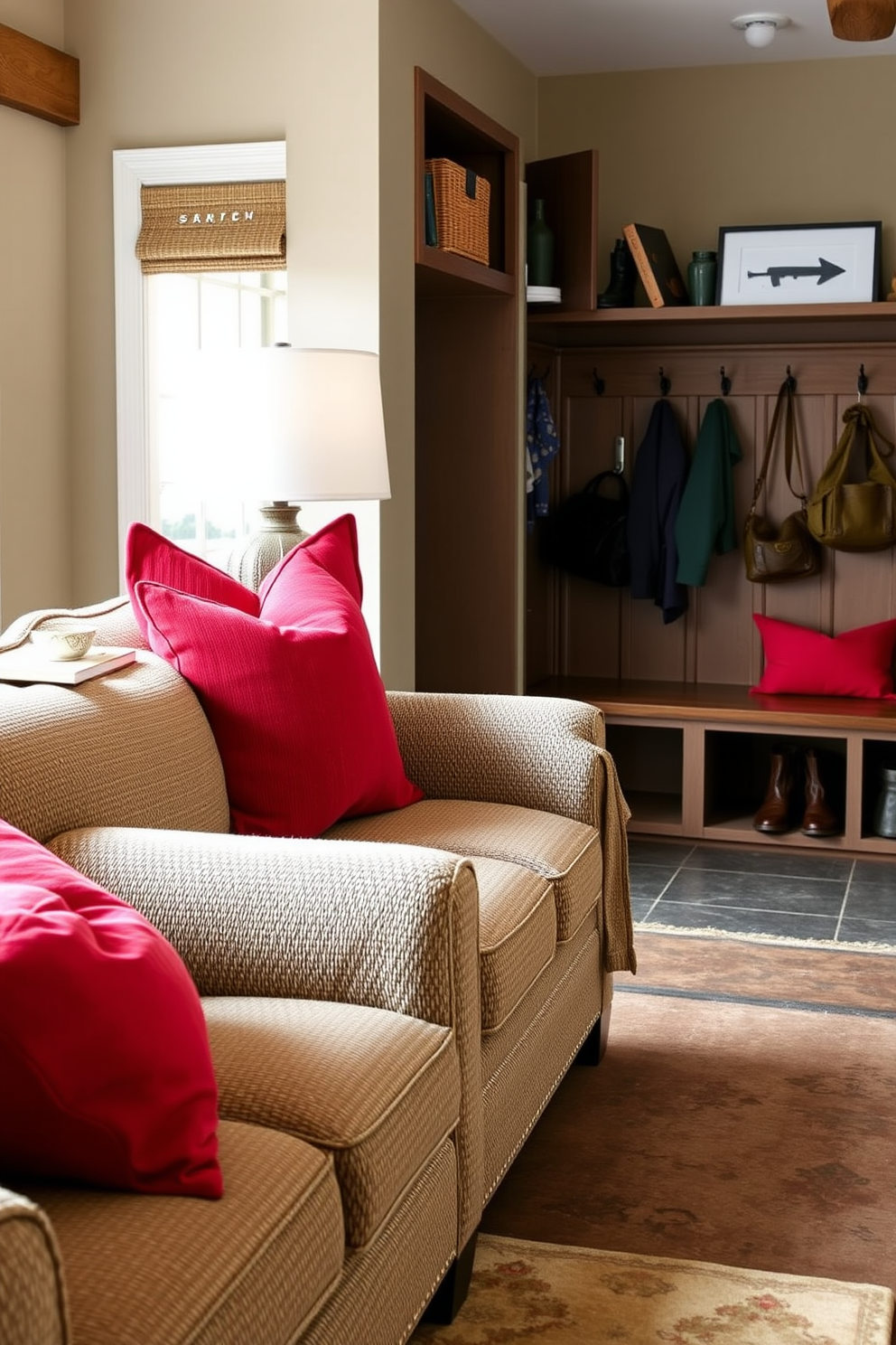 A cozy living room featuring a plush sofa adorned with vibrant red accent pillows. The pillows add a pop of color against the neutral fabric of the sofa, enhancing the overall warmth of the space. A functional mudroom designed with rustic charm, featuring built-in benches and storage cubbies. The walls are lined with hooks for coats and bags, while a durable floor provides practicality for muddy shoes.