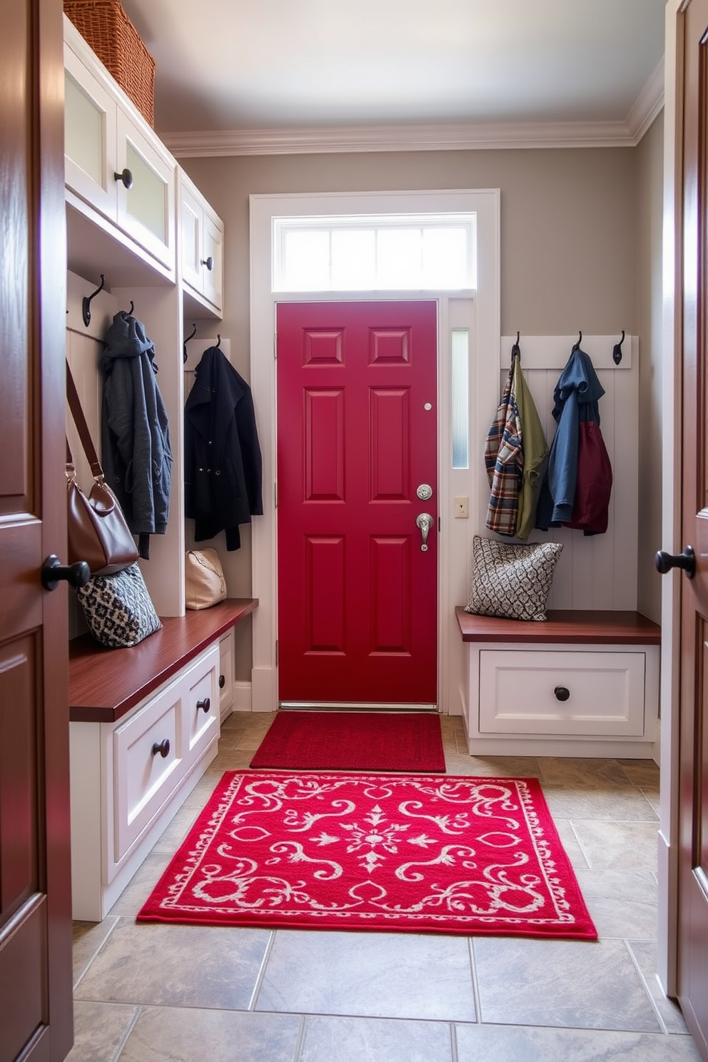 A red door mat welcomes guests with a vibrant pop of color at the entrance. The mudroom features built-in storage benches with hooks above for coats and bags, creating an organized and inviting space. The walls are painted a soft gray to complement the rich red of the door mat. Natural light floods in through a window, highlighting the durable tile flooring that is both practical and stylish.