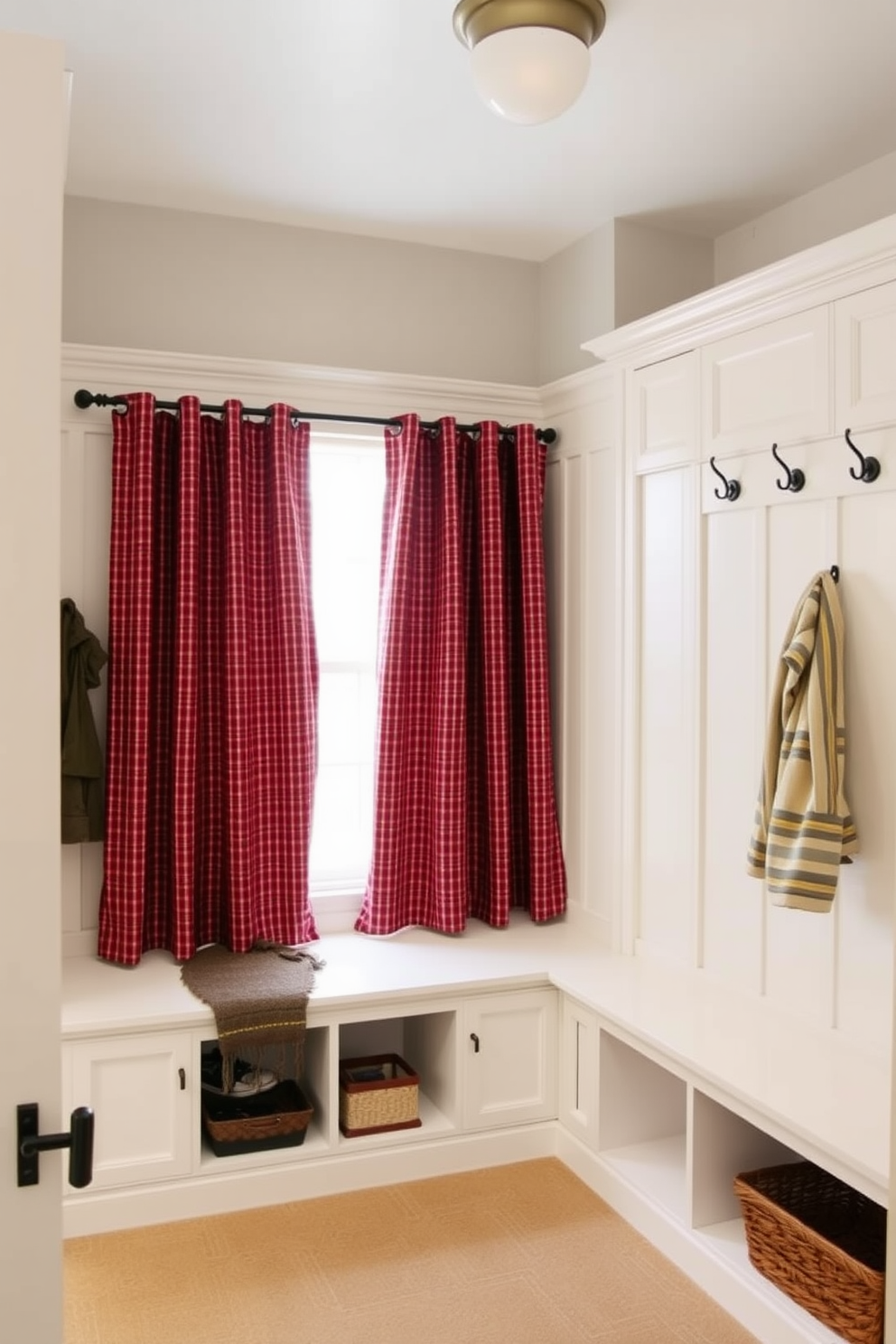 A cozy mudroom featuring patterned red curtains that add a touch of softness to the space. The room includes built-in benches with storage underneath and hooks for coats, creating an inviting and functional entryway.