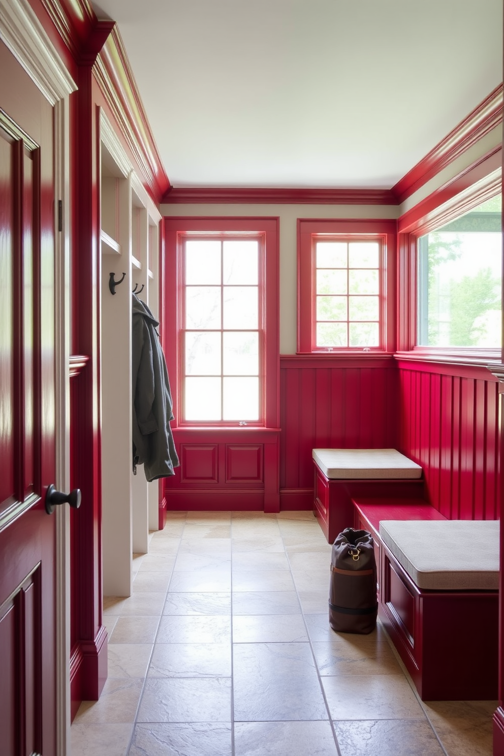 A classic mudroom design featuring red wainscoting that adds warmth and elegance. The space includes built-in storage benches with plush cushions and hooks for coats and bags. The flooring is a durable tile that mimics the look of natural stone, enhancing the traditional aesthetic. A large window allows natural light to flood the area, creating an inviting atmosphere.