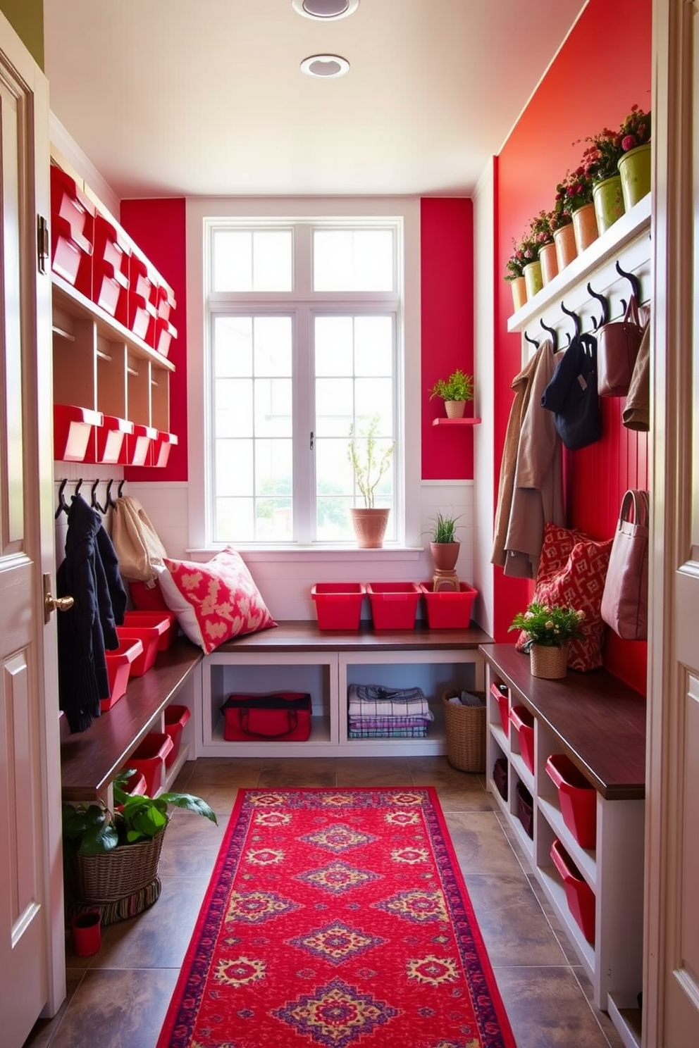 A vibrant mudroom featuring red storage bins neatly arranged along the wall for optimal organization. The space includes a built-in bench with hooks above for coats and bags, all complemented by a cheerful red accent wall. The flooring is a durable tile that can withstand heavy foot traffic, while a large window allows natural light to brighten the area. Decorative elements like a colorful rug and potted plants add warmth and personality to the functional design.