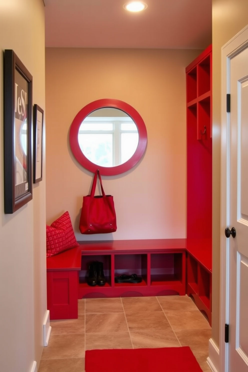 A bright red entryway features a large round mirror with a bold frame that reflects natural light. The walls are painted in a soft beige, creating a warm contrast with the vibrant red accents throughout the space. The mudroom is designed with practical storage solutions, including built-in benches and cubbies painted in a matching bright red. A durable tile floor adds functionality, while decorative hooks provide a stylish way to hang coats and bags.