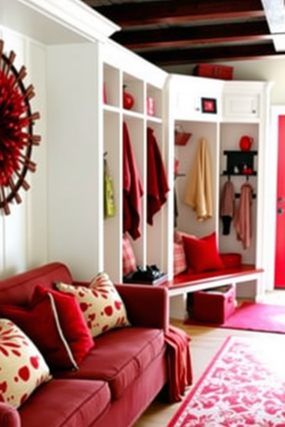 Layered red textiles create a warm and inviting atmosphere in the living space. Plush red throw pillows and a soft red area rug complement the rich tones of the furniture. The mudroom features a functional design with built-in benches and storage solutions. Bright red accents in the decor add a pop of color while maintaining a practical and organized environment.