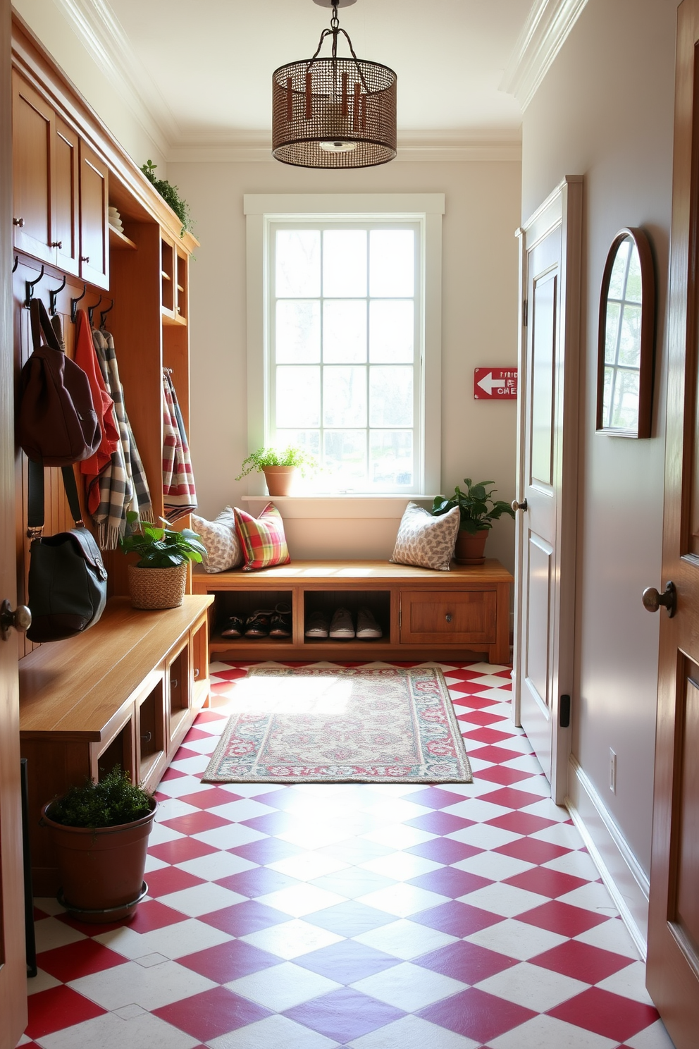 A charming mudroom features red and white checkered floor tiles that create a vibrant and inviting atmosphere. The space includes a wooden bench with storage underneath, flanked by hooks for coats and bags on the walls. Natural light floods in through a large window, highlighting the warm tones of the wooden cabinetry. A decorative rug adds texture, while potted plants bring a touch of greenery to the design.