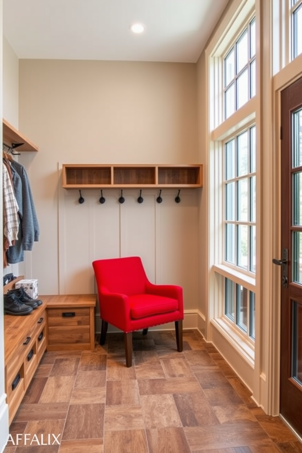 A bold red accent chair is positioned in the corner of a stylish mudroom, creating a striking focal point against the neutral walls. The space features built-in storage benches and hooks, all designed with a rustic wood finish to enhance the cozy atmosphere. The mudroom floor is adorned with durable, patterned tiles that complement the vibrant chair. Large windows allow natural light to flood the area, showcasing a warm and inviting entryway.